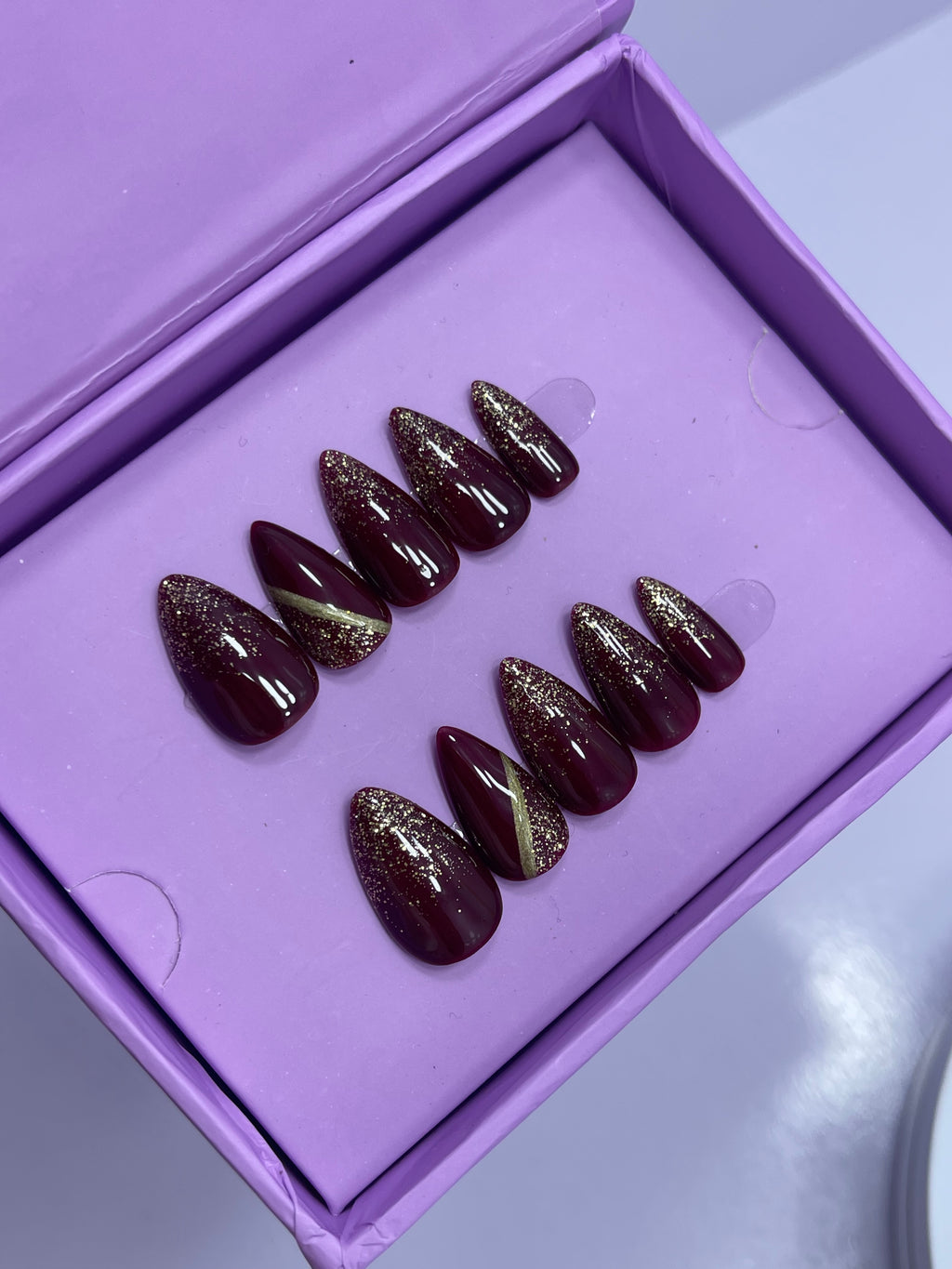 Maroon Shimmery Gold - Short Almond Press On Nails