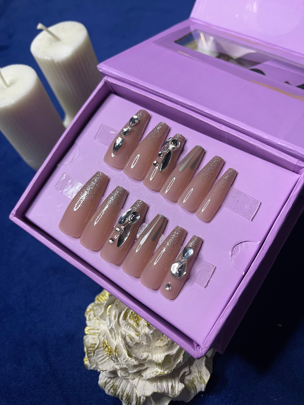 Silver Stones on Nude- Coffin Press Ons