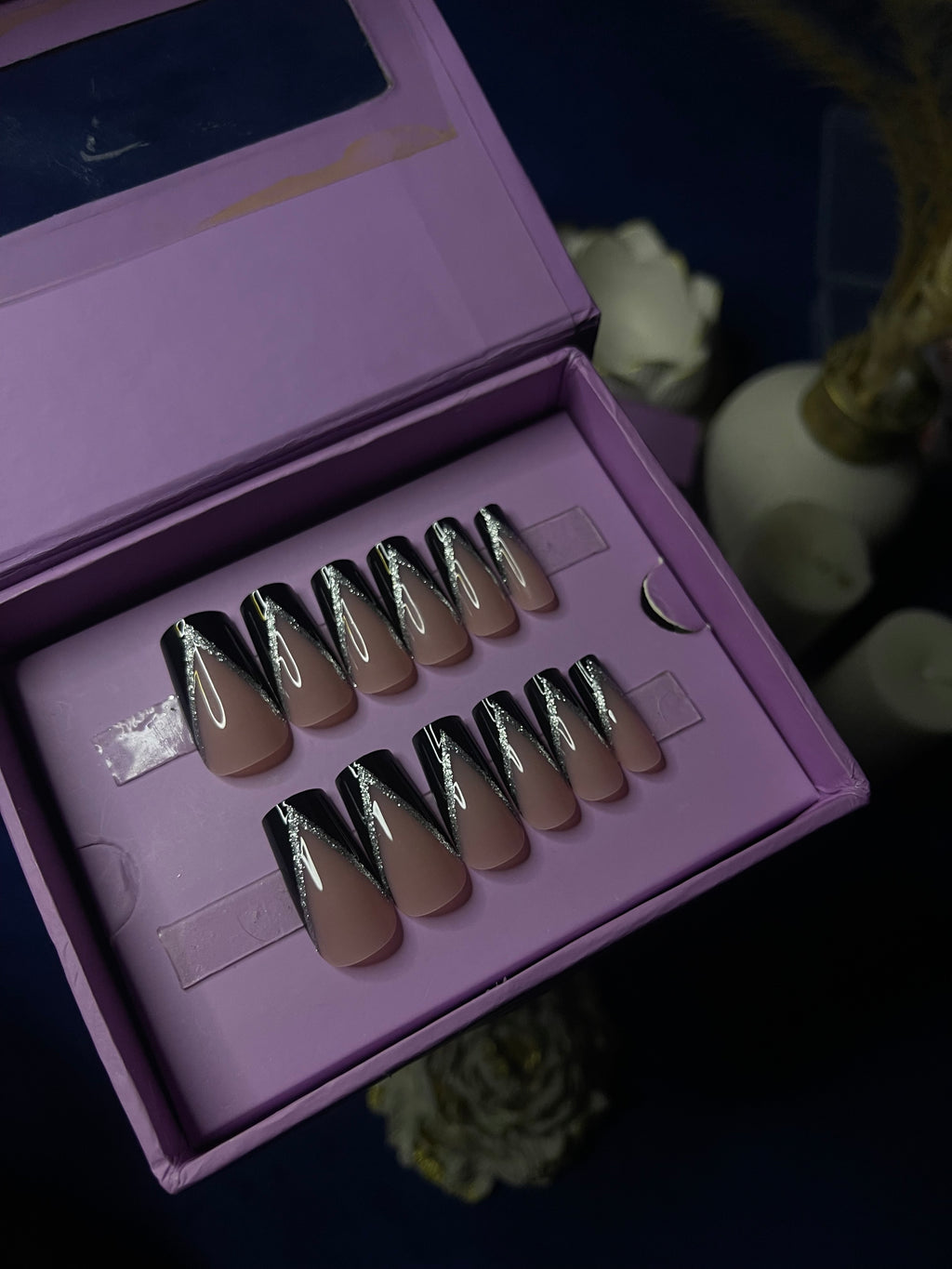 V Cut Glittery Black French- Square Press On Nails