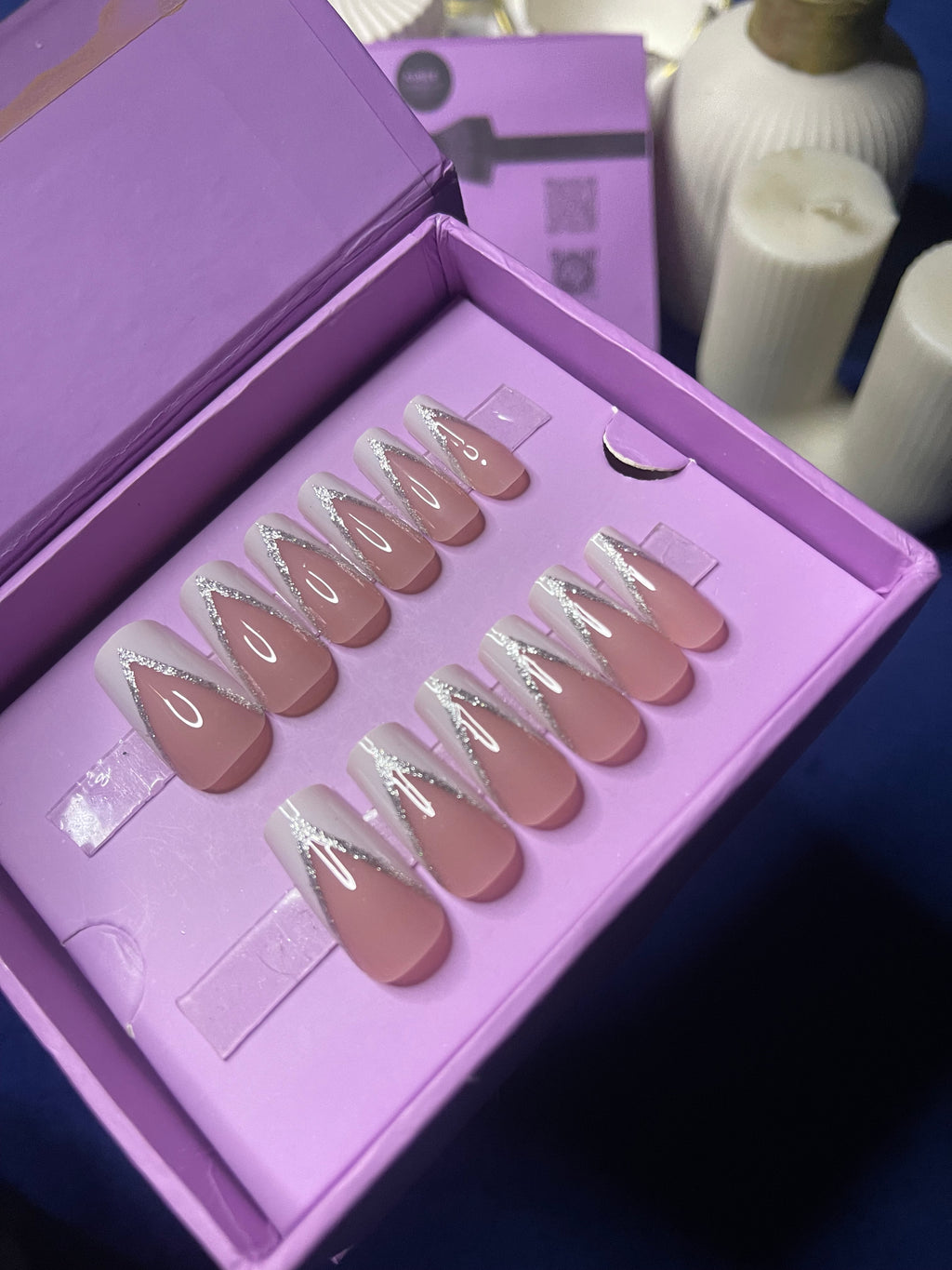 V Cut White Glittery French- Square Press On Nails