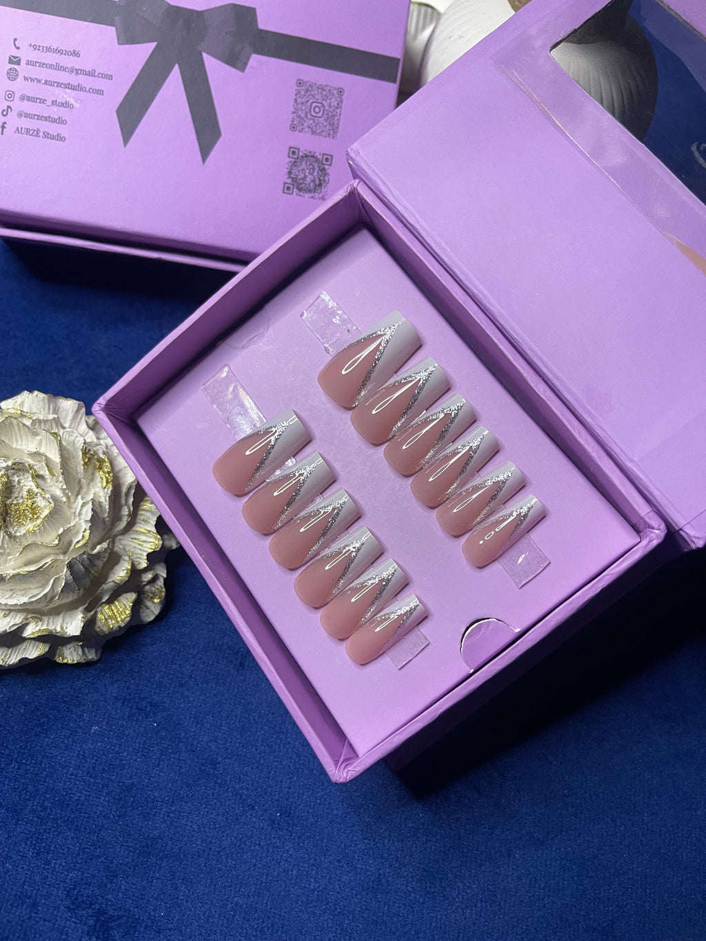 V Cut White Glittery French- Square Press On Nails