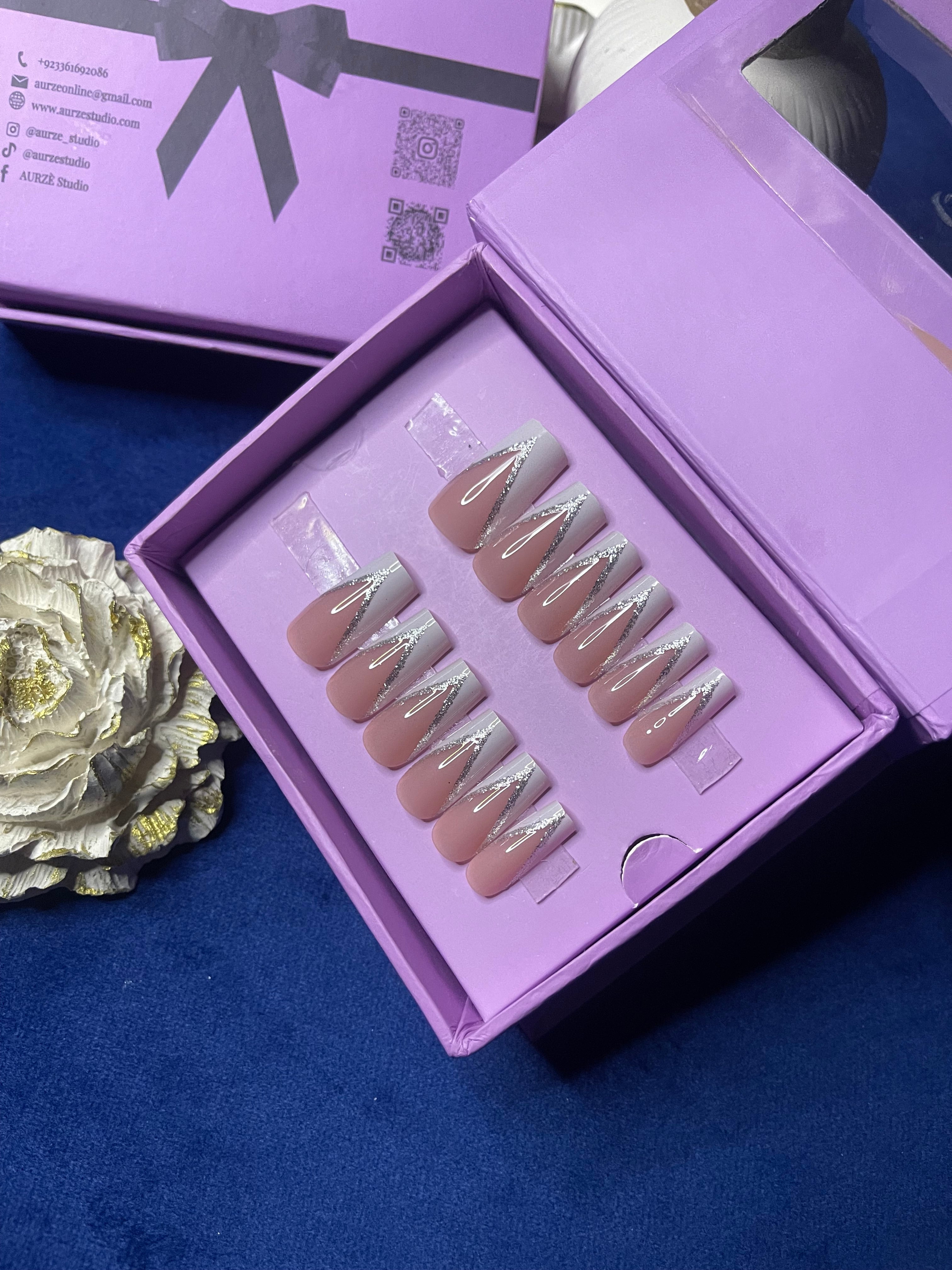 V Cut White Glittery French- Square Press On Nails