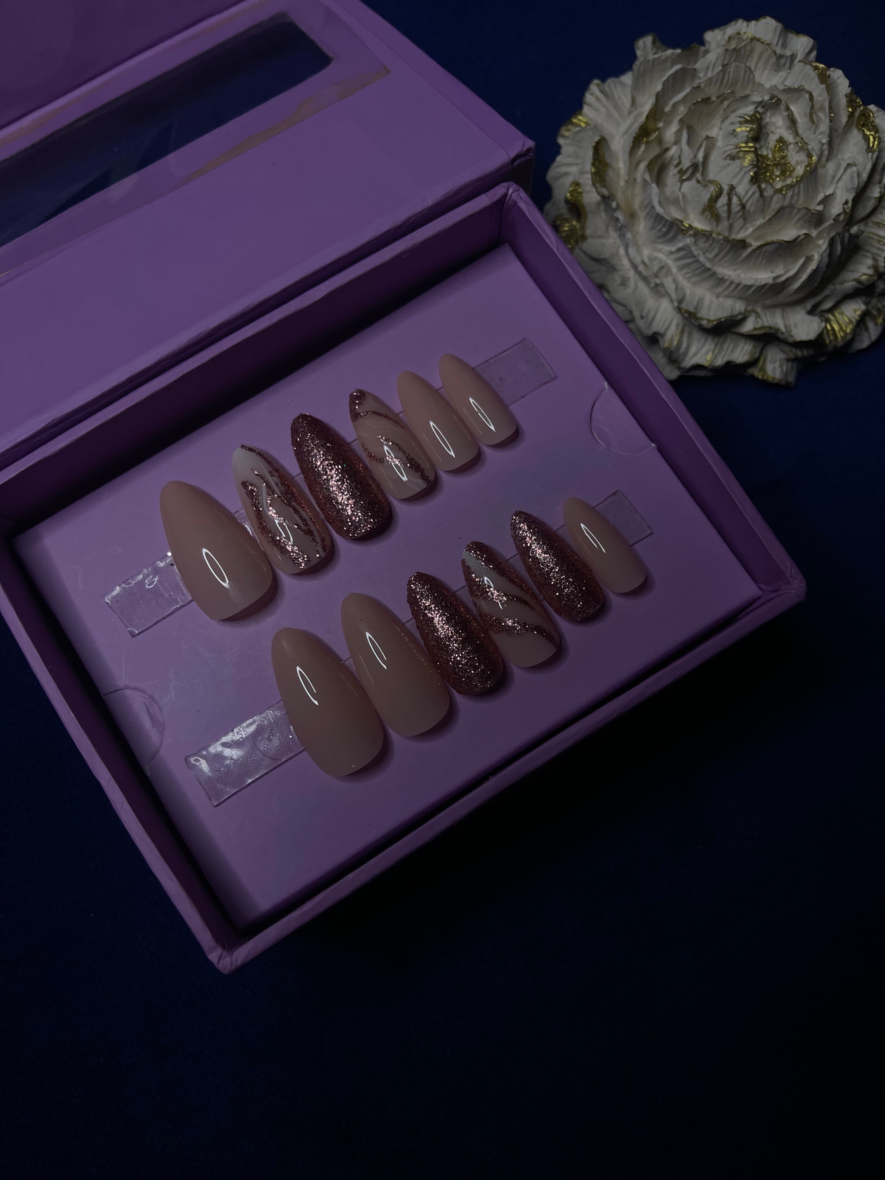 Champaigne glittery on nude peach - Almond Press On Nails