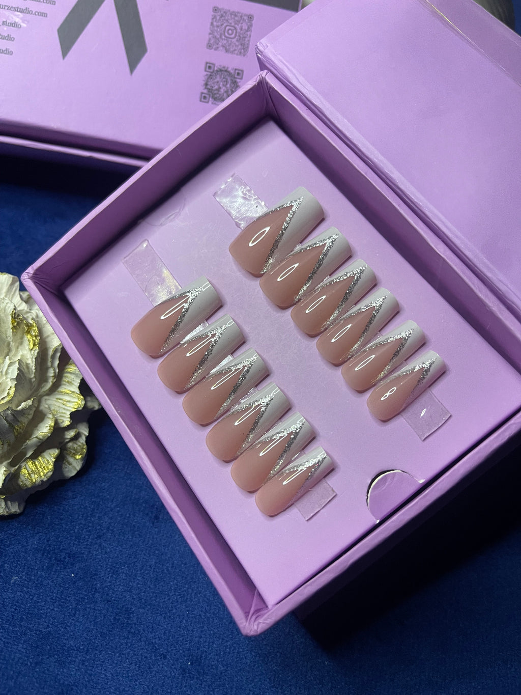 V Cut White Glittery French- Square Press On Nails