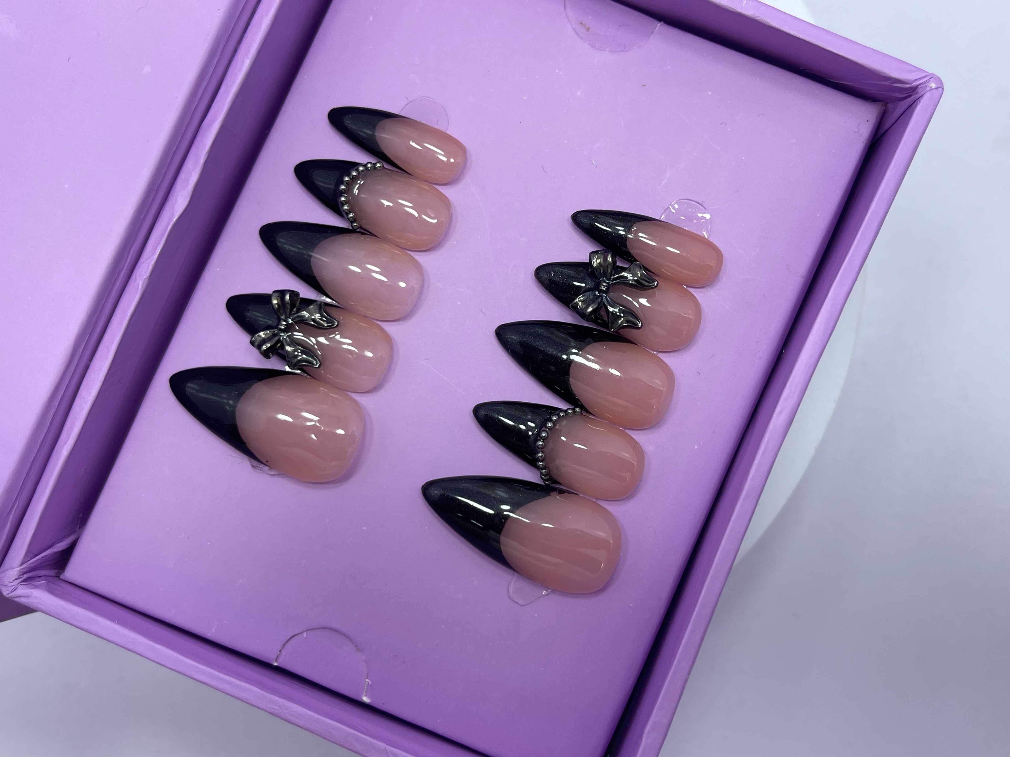 Black Bow Chrome French - Stiletto Press On Nails