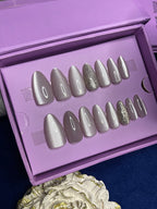 Silver Moon Glitter Cat Eye - Almond Press Ons