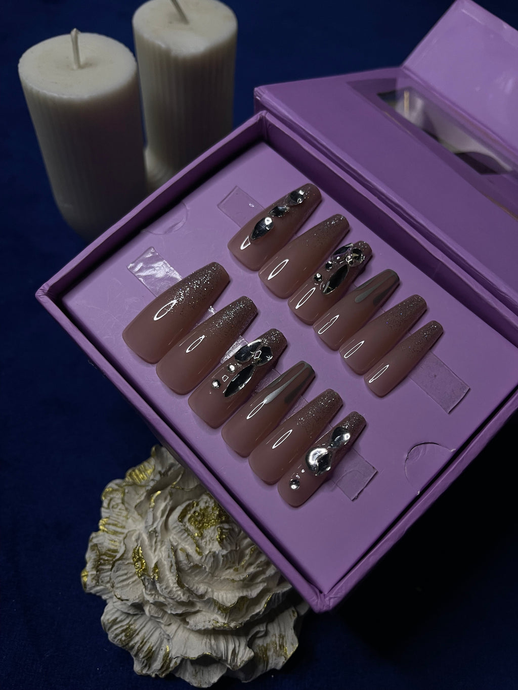 Silver Stones on Nude- Coffin Press Ons