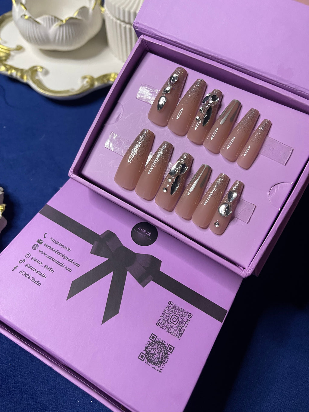 Silver Stones on Nude- Coffin Press Ons