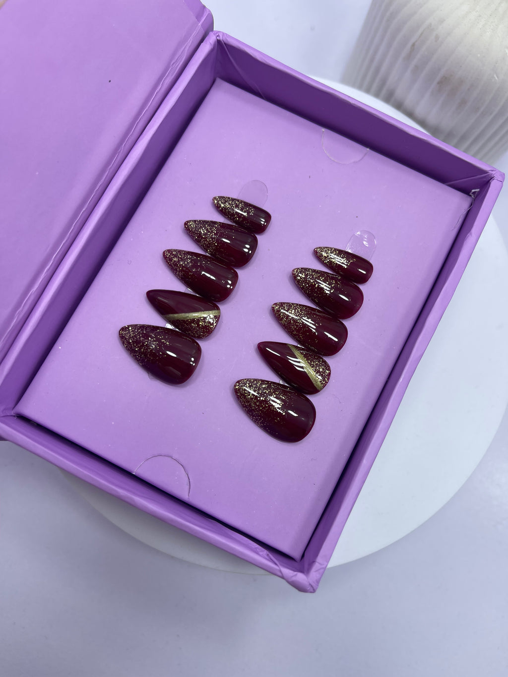 Maroon Shimmery Gold - Short Almond Press On Nails