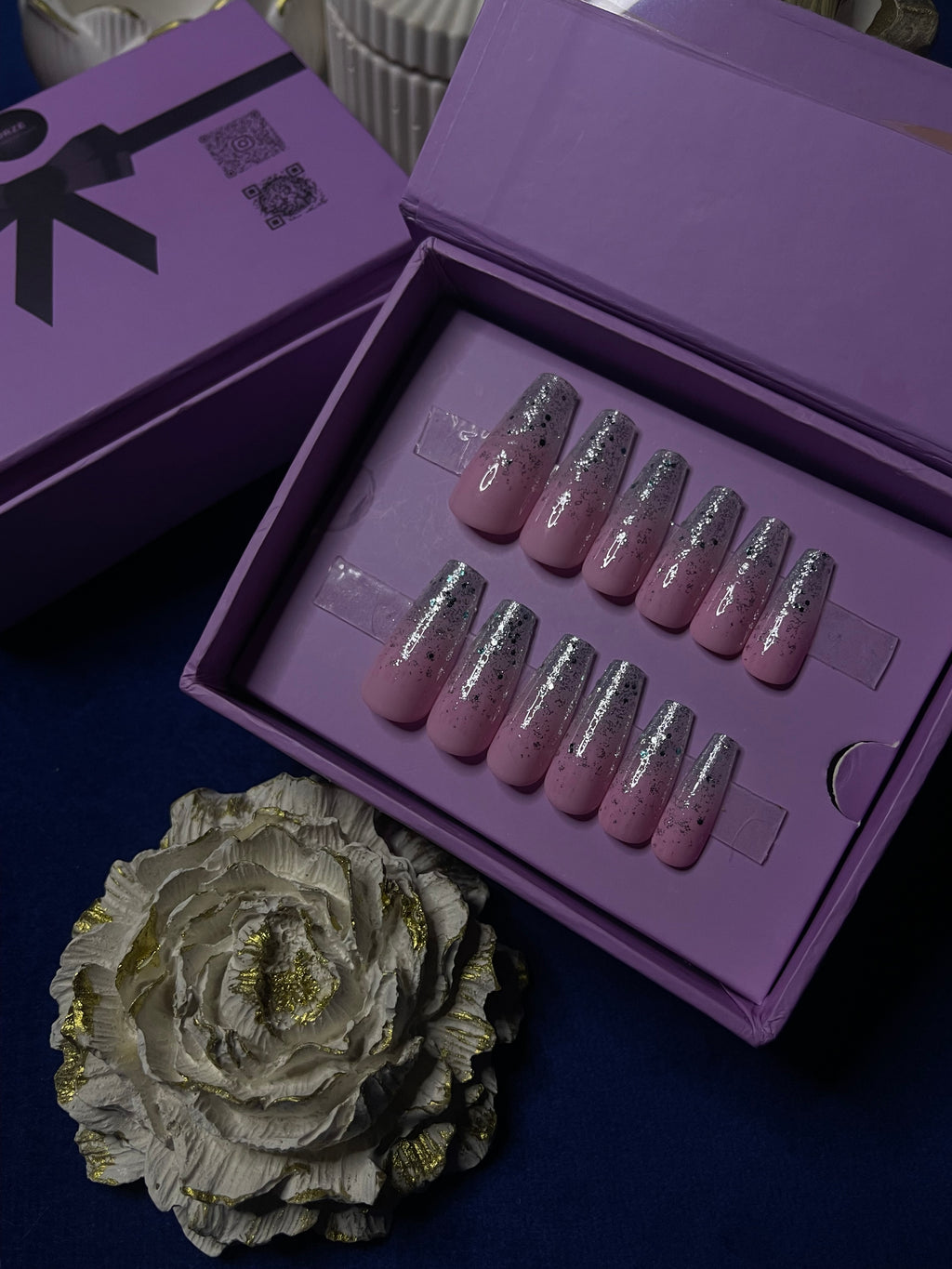 Baby pink glitter glam- Long Coffin Press On Nails