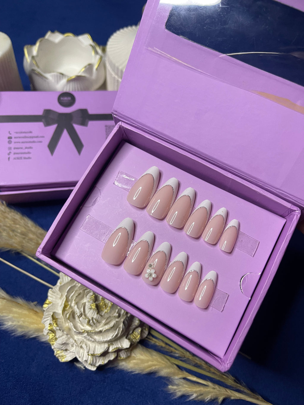 White Floral French - Almond Press Ons