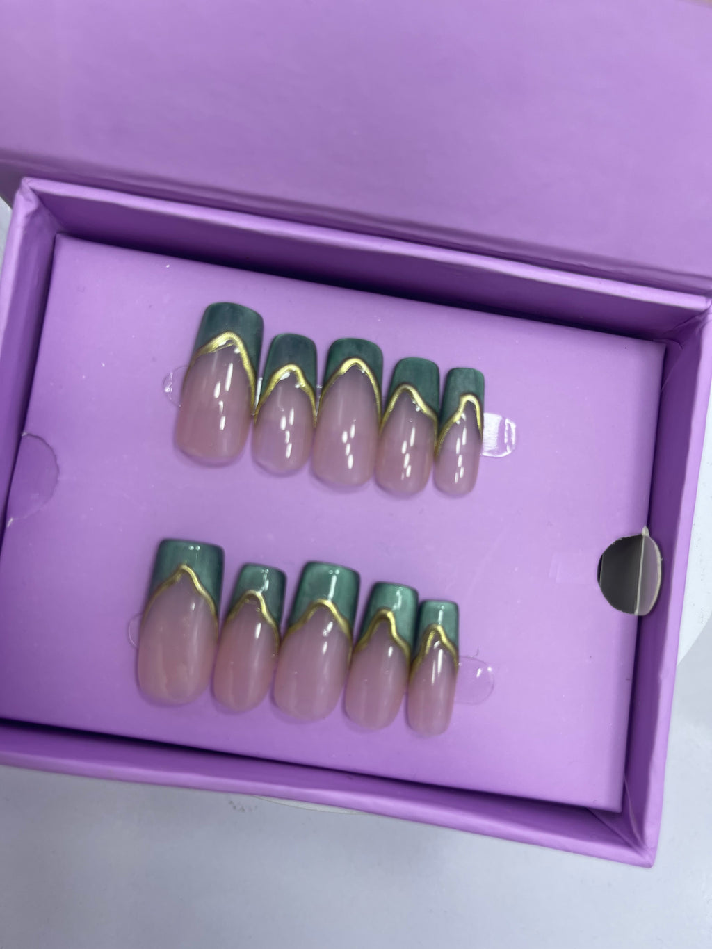 Nude with Green French Cat Eye - Square Press On Nails