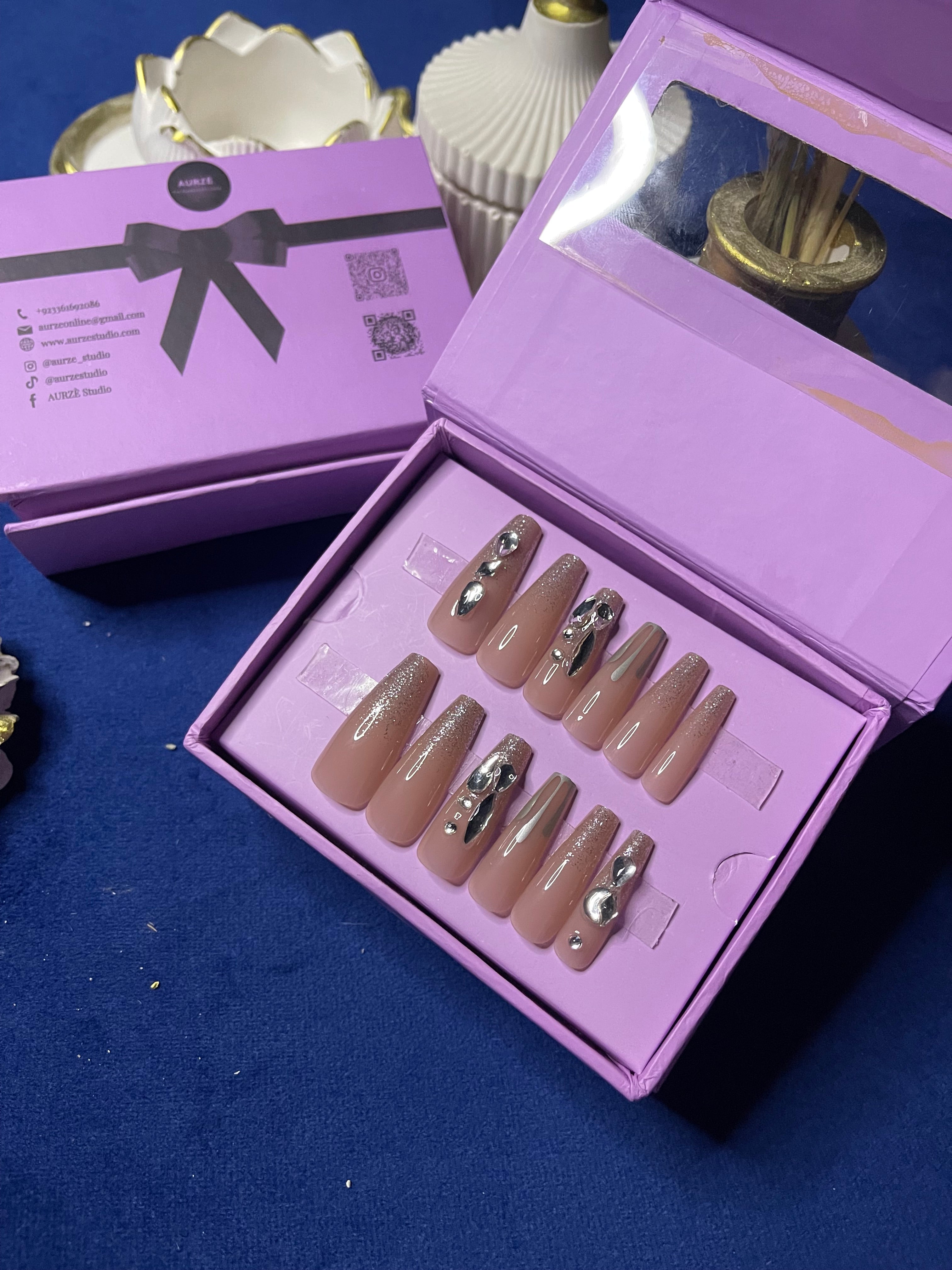 Silver Stones on Nude- Coffin Press Ons