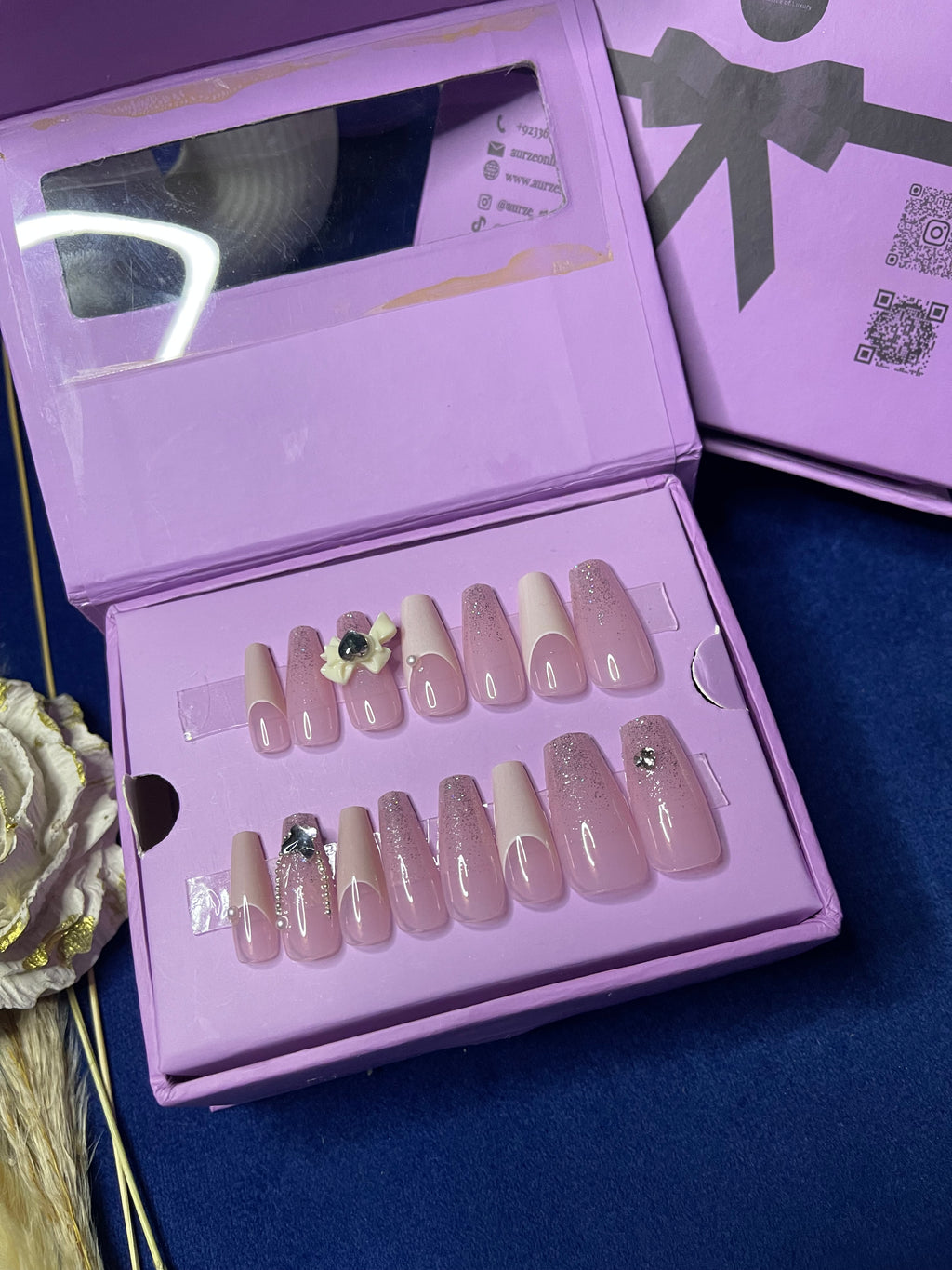 White U French Bow - Medium Coffin Press Ons