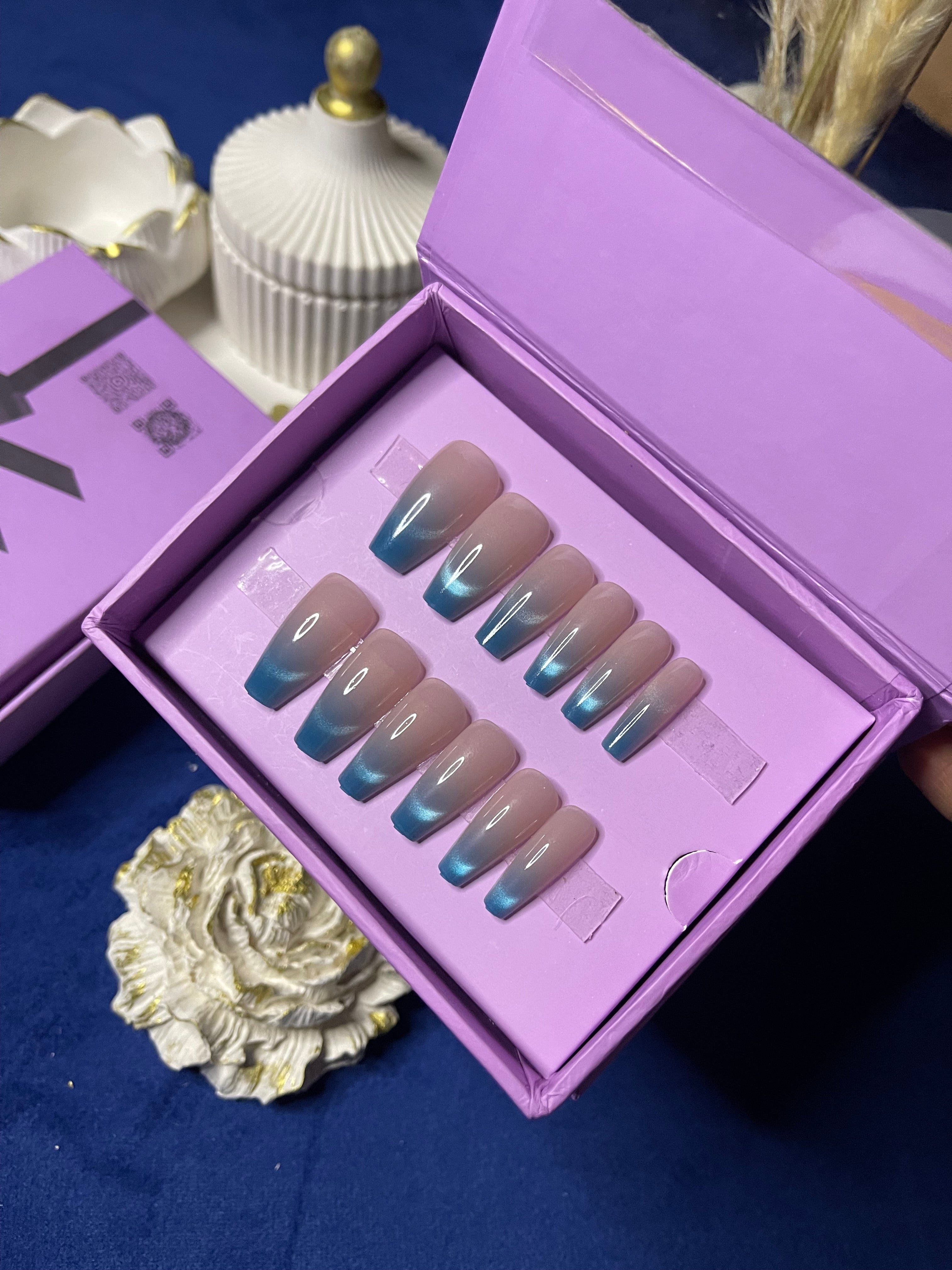 Blue French Cat Eye- Coffin Press Ons