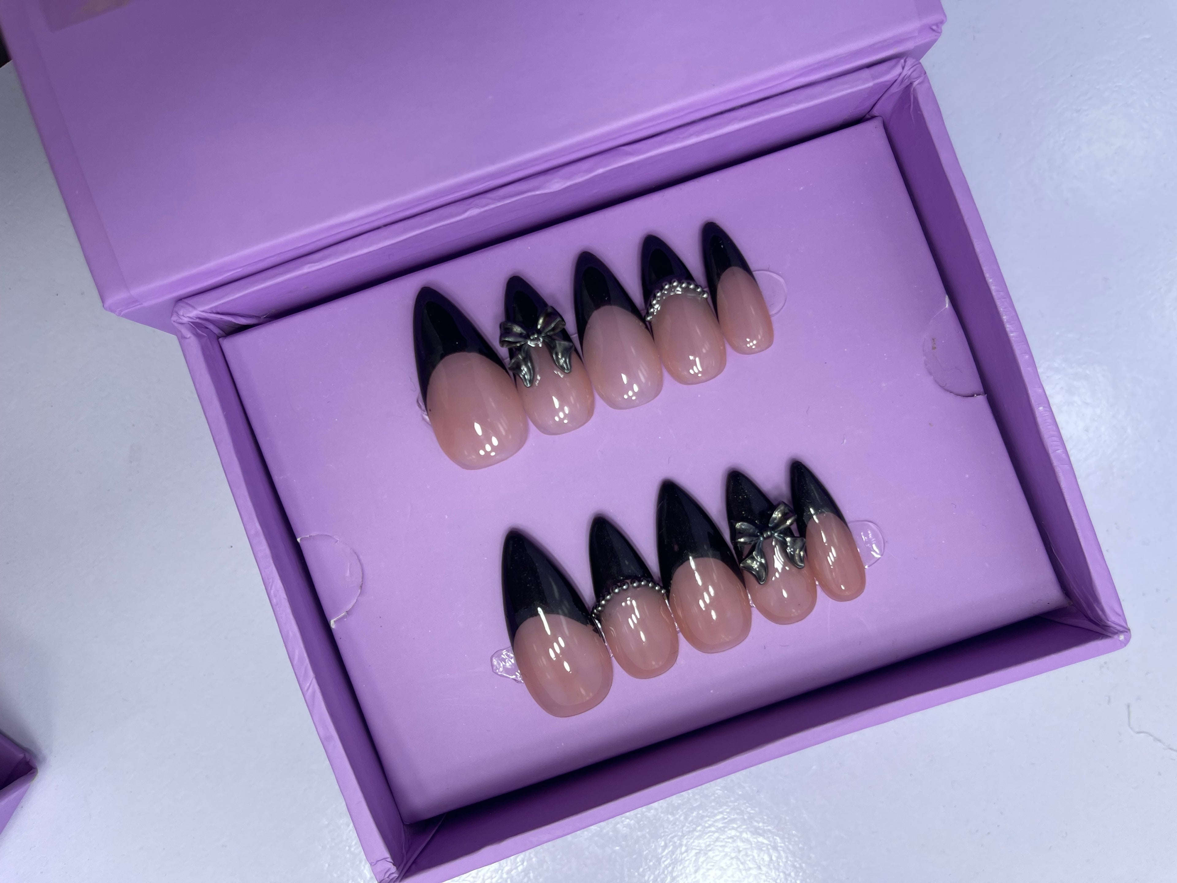 Black Bow Chrome French - Stiletto Press On Nails