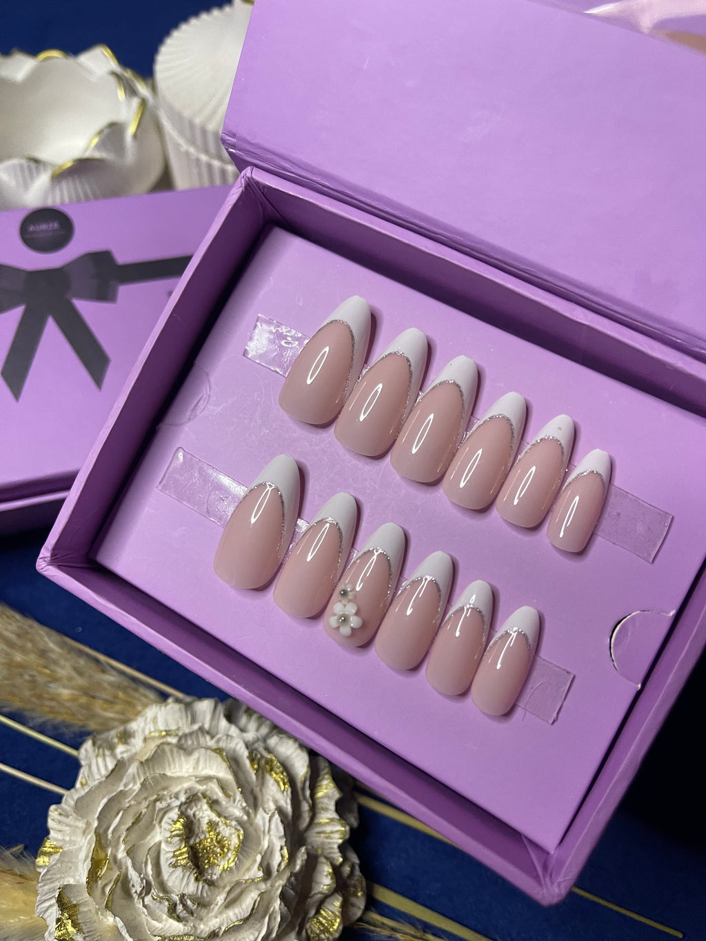 White Floral French - Almond Press Ons