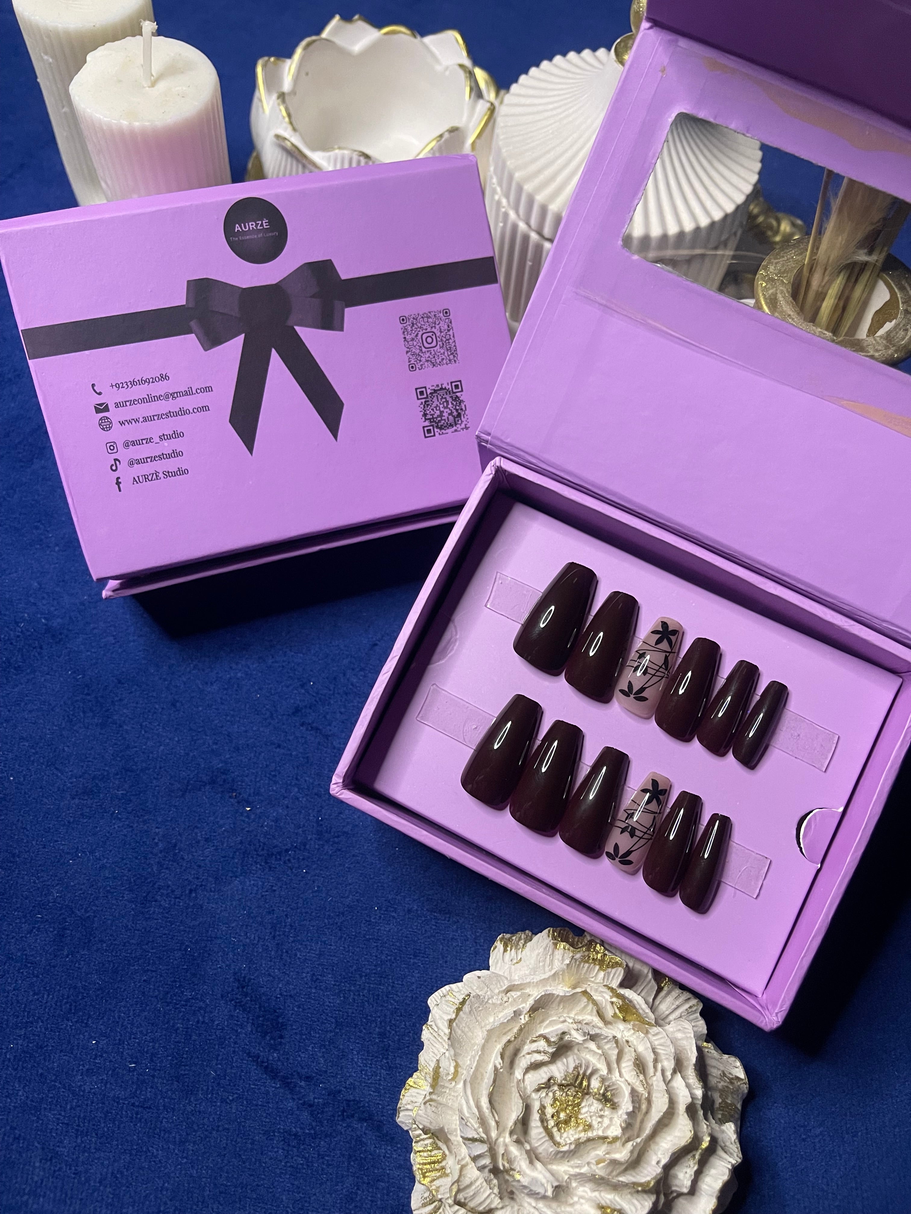 Maroon floral - Coffin Press On Nails