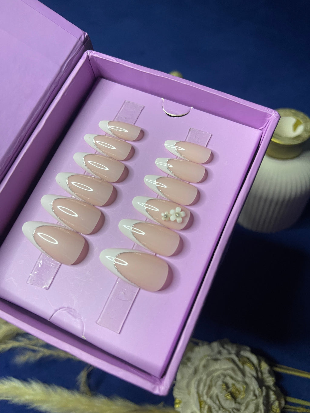 White Floral French - Almond Press Ons