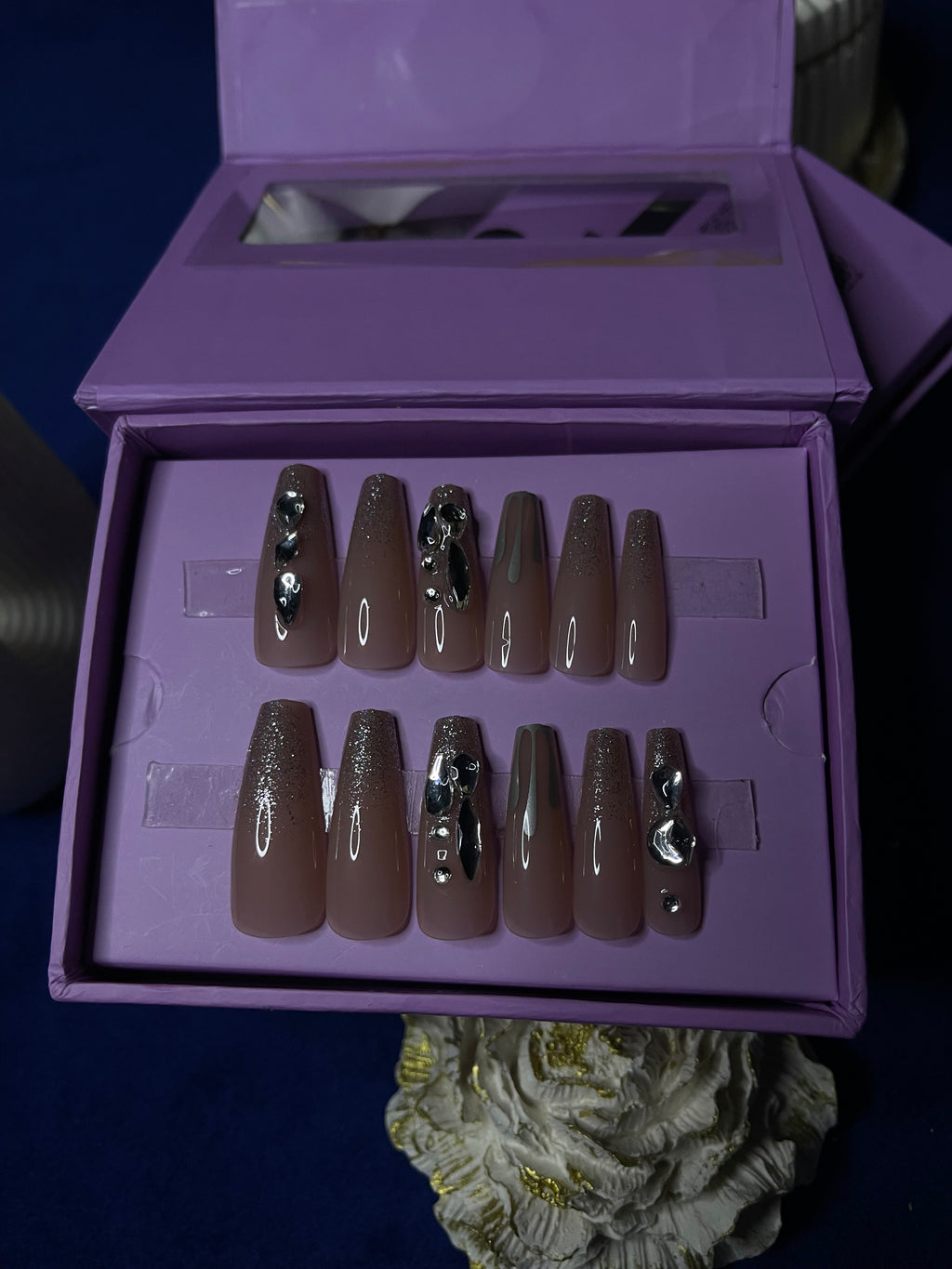 Silver Stones on Nude- Coffin Press Ons