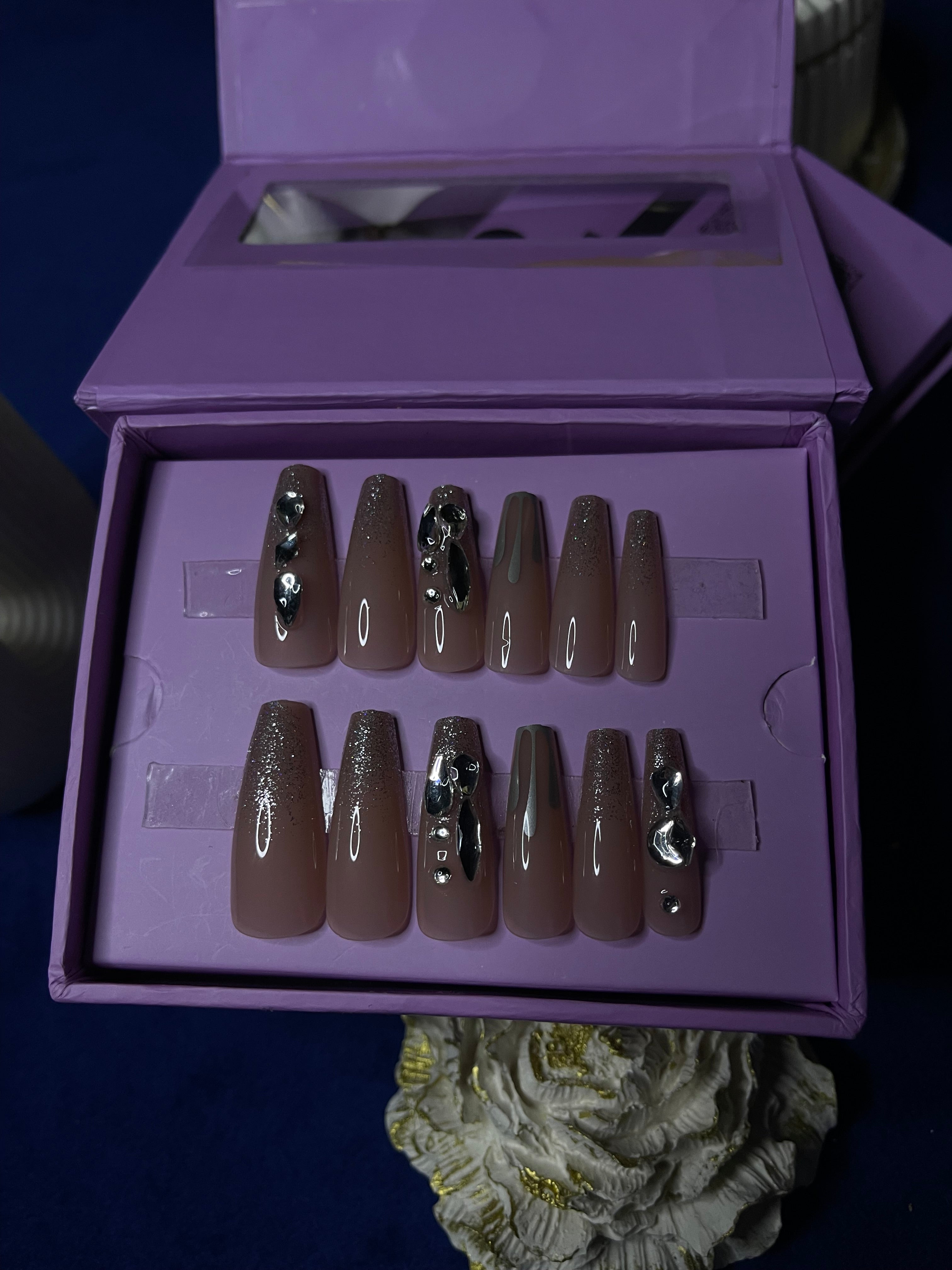 Silver Stones on Nude- Coffin Press Ons