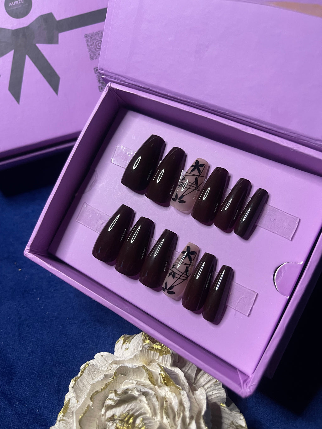 Maroon floral - Coffin Press On Nails