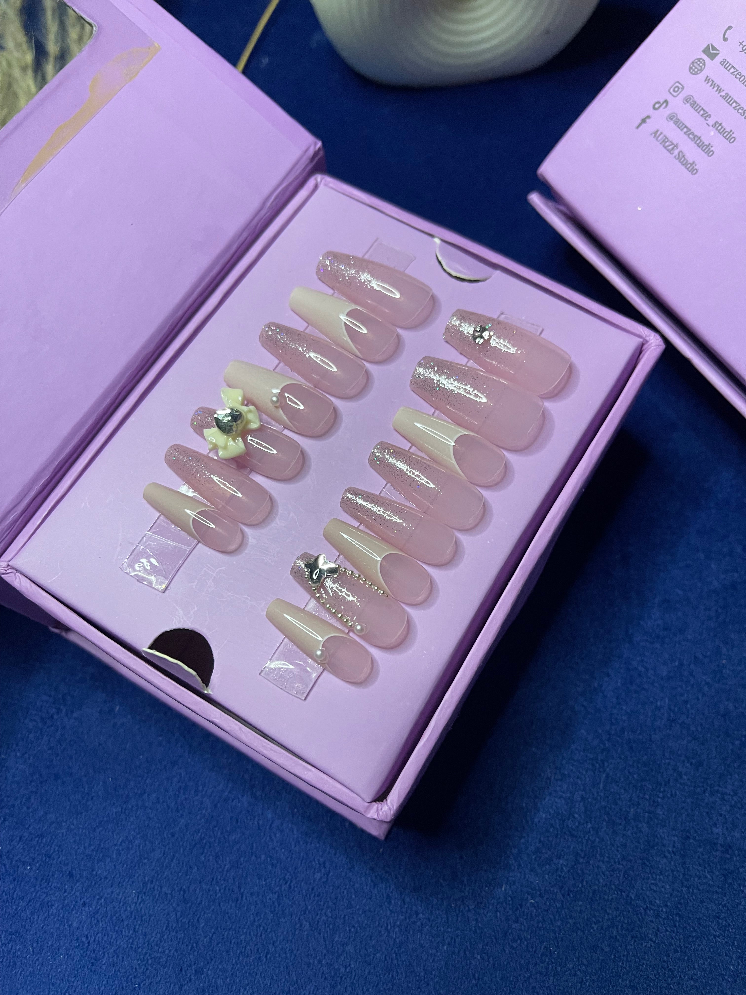 White U French Bow - Medium Coffin Press Ons