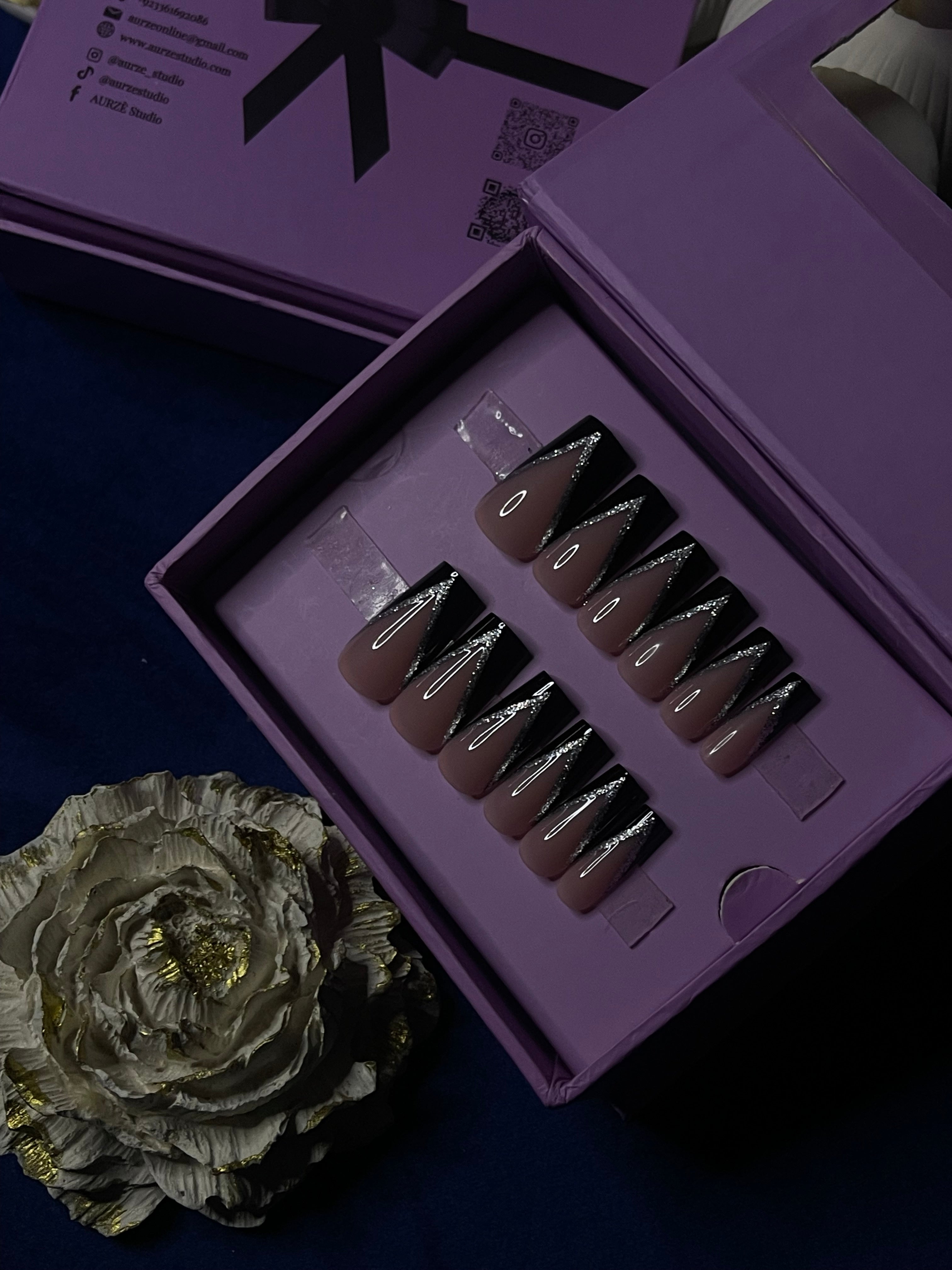 V Cut Glittery Black French- Square Press On Nails