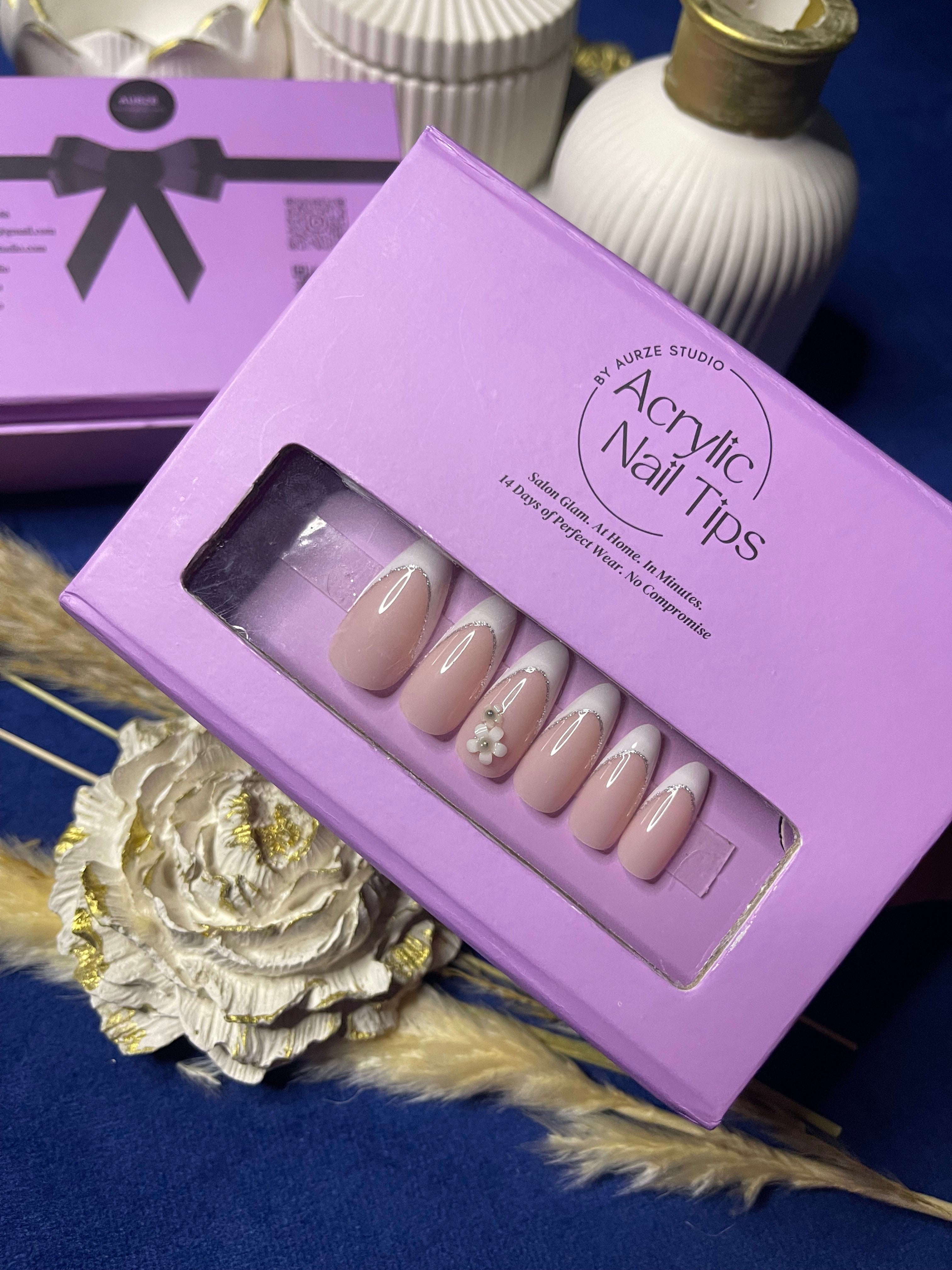 White Floral French - Almond Press Ons