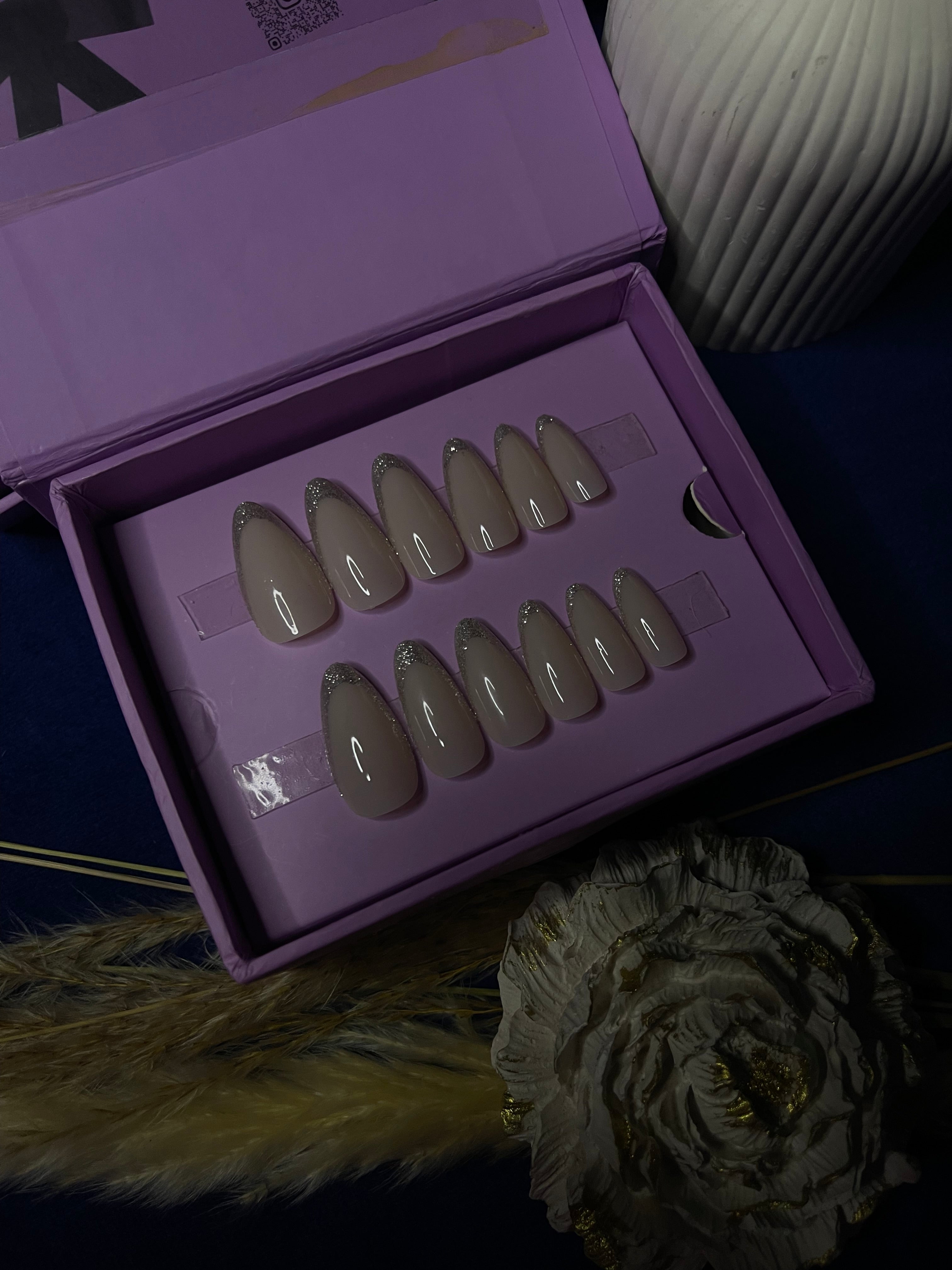 Silver French - Almond Press Ons