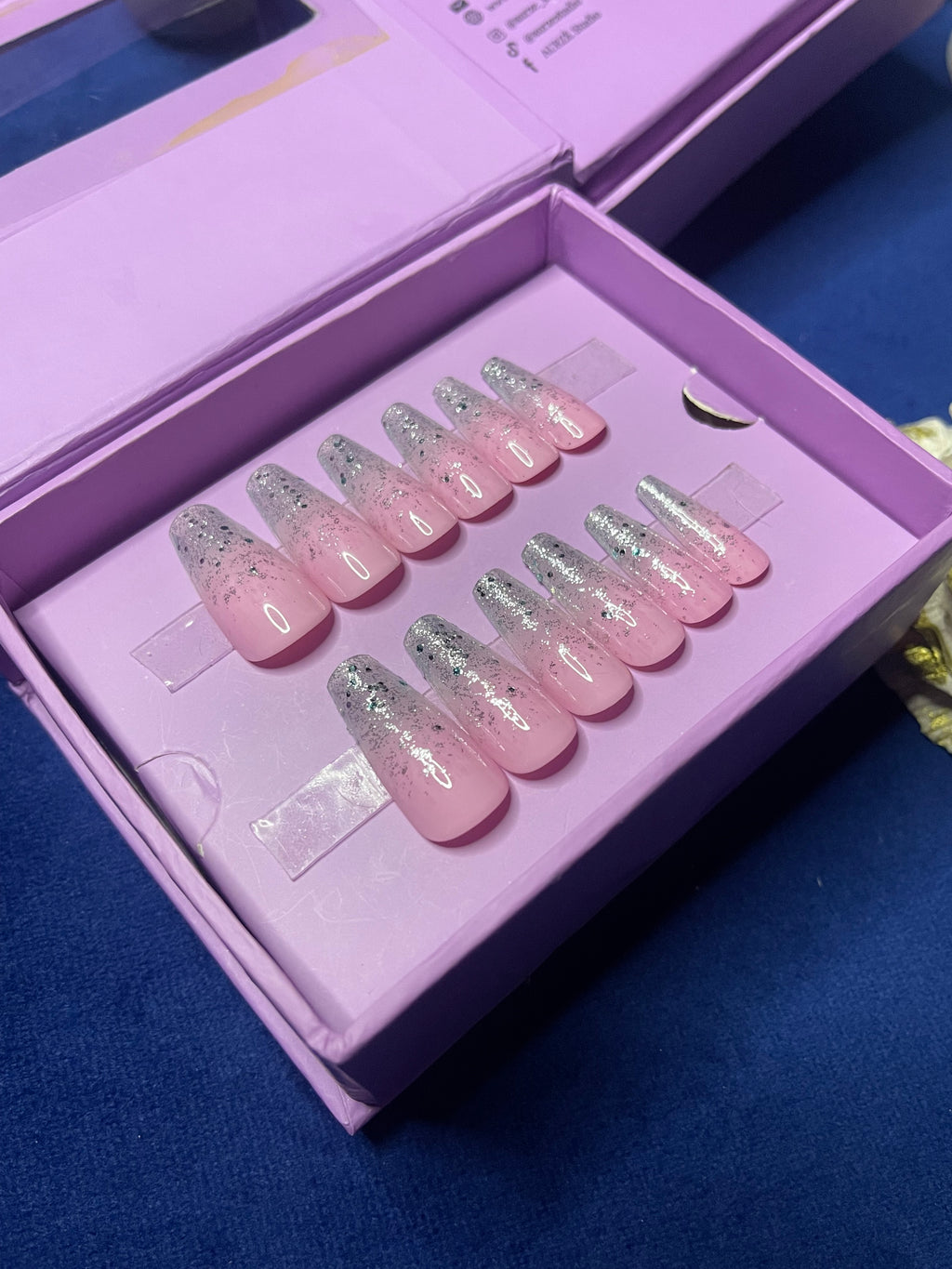 Baby pink glitter glam- Long Coffin Press On Nails