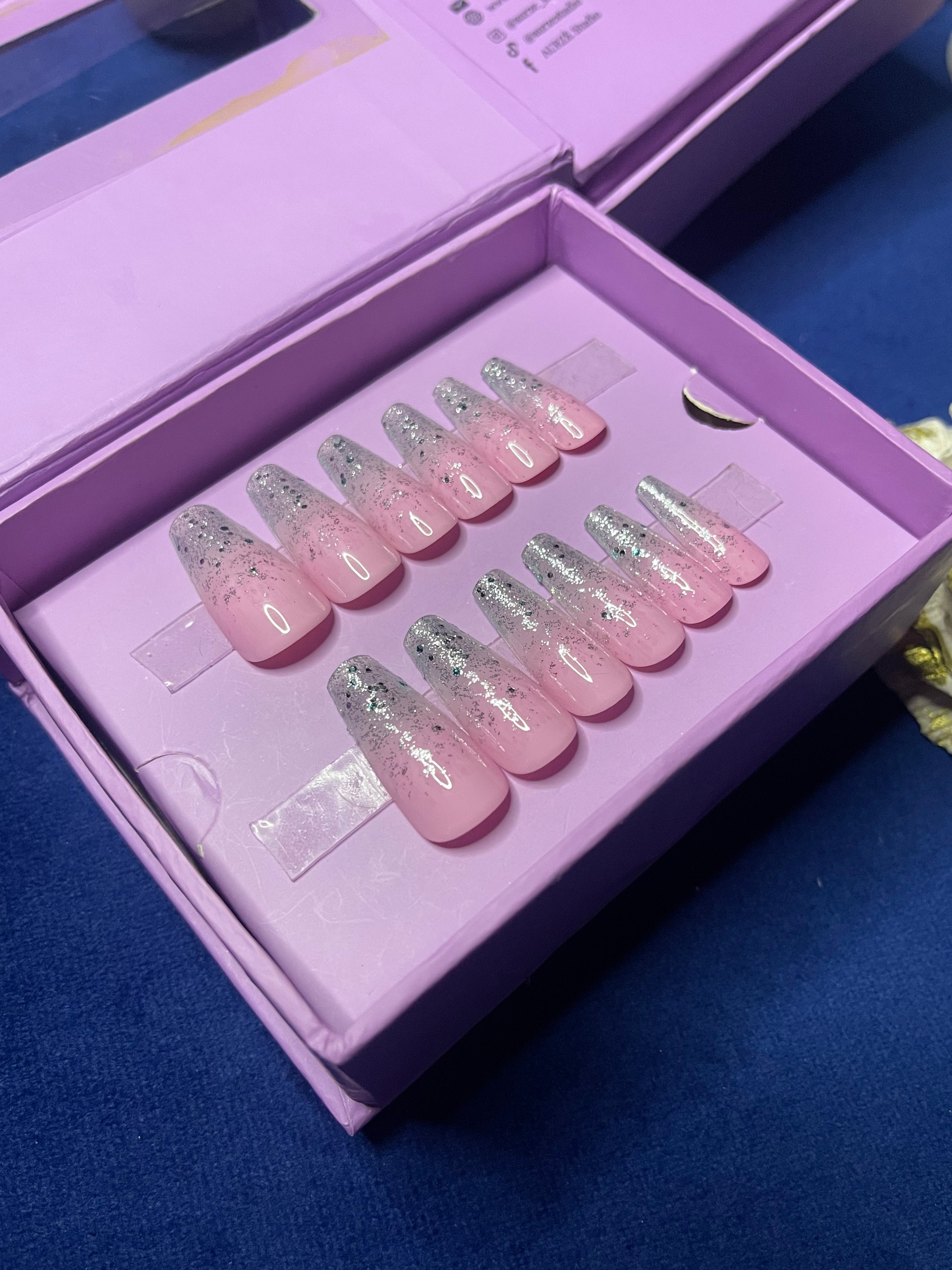 Baby pink glitter glam- Long Coffin Press On Nails