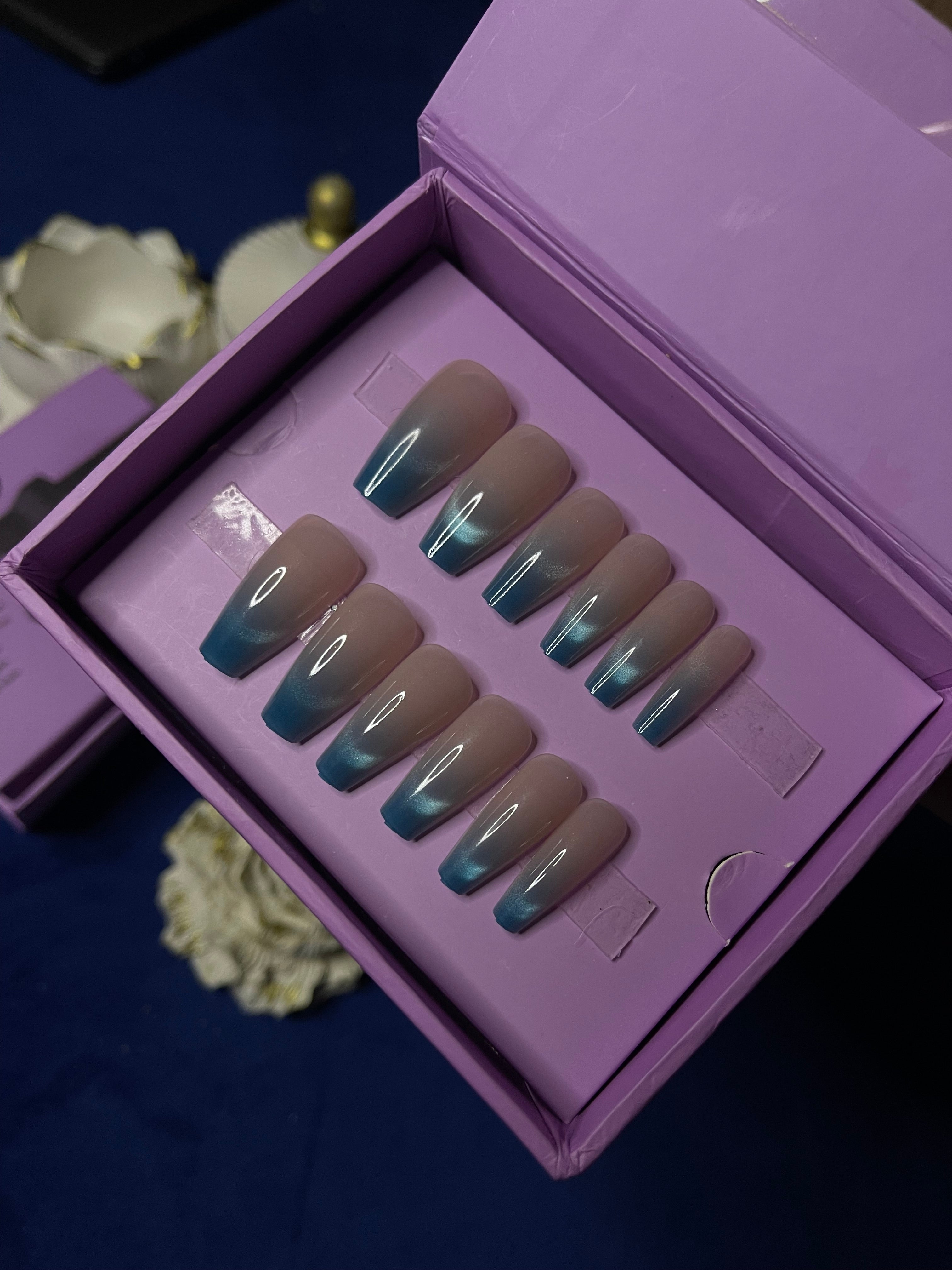 Blue French Cat Eye- Coffin Press Ons