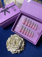 Baby pink glitter glam- Long Coffin Press On Nails