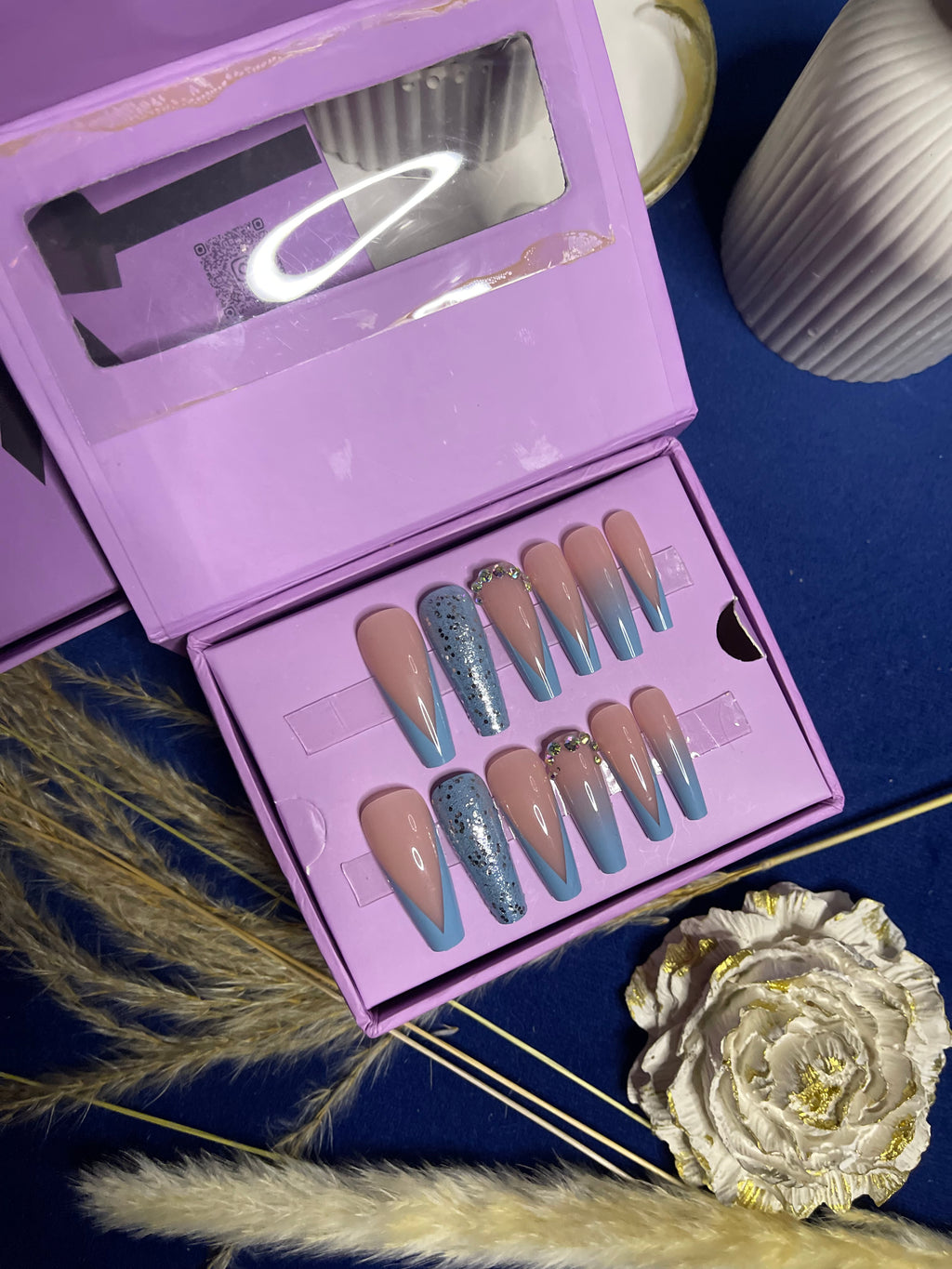 V Cut Blue French -Long Coffin Press Ons