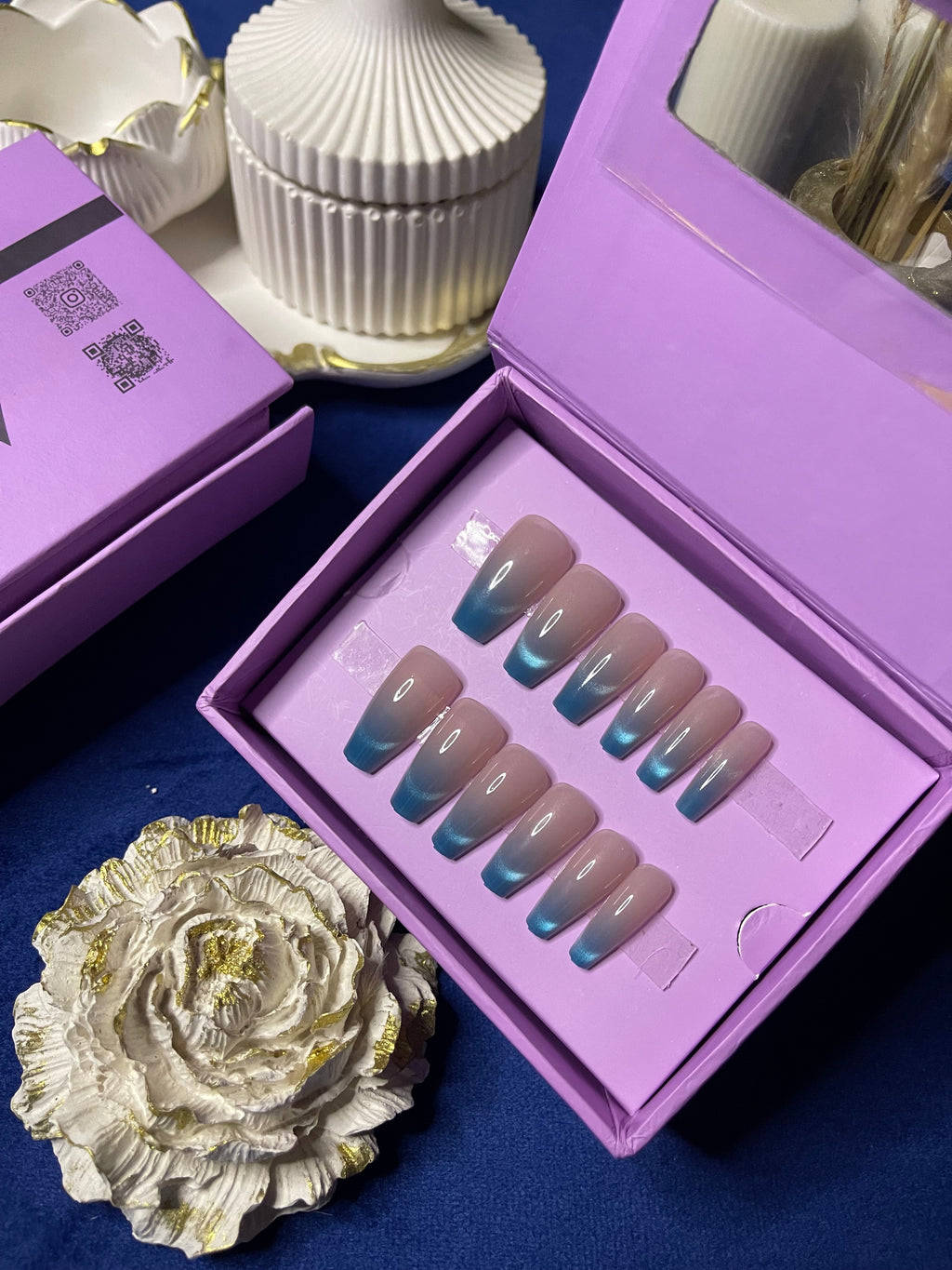 Blue French Cat Eye- Coffin Press Ons