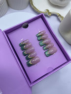 Nude with Green French Cat Eye - Square Press On Nails
