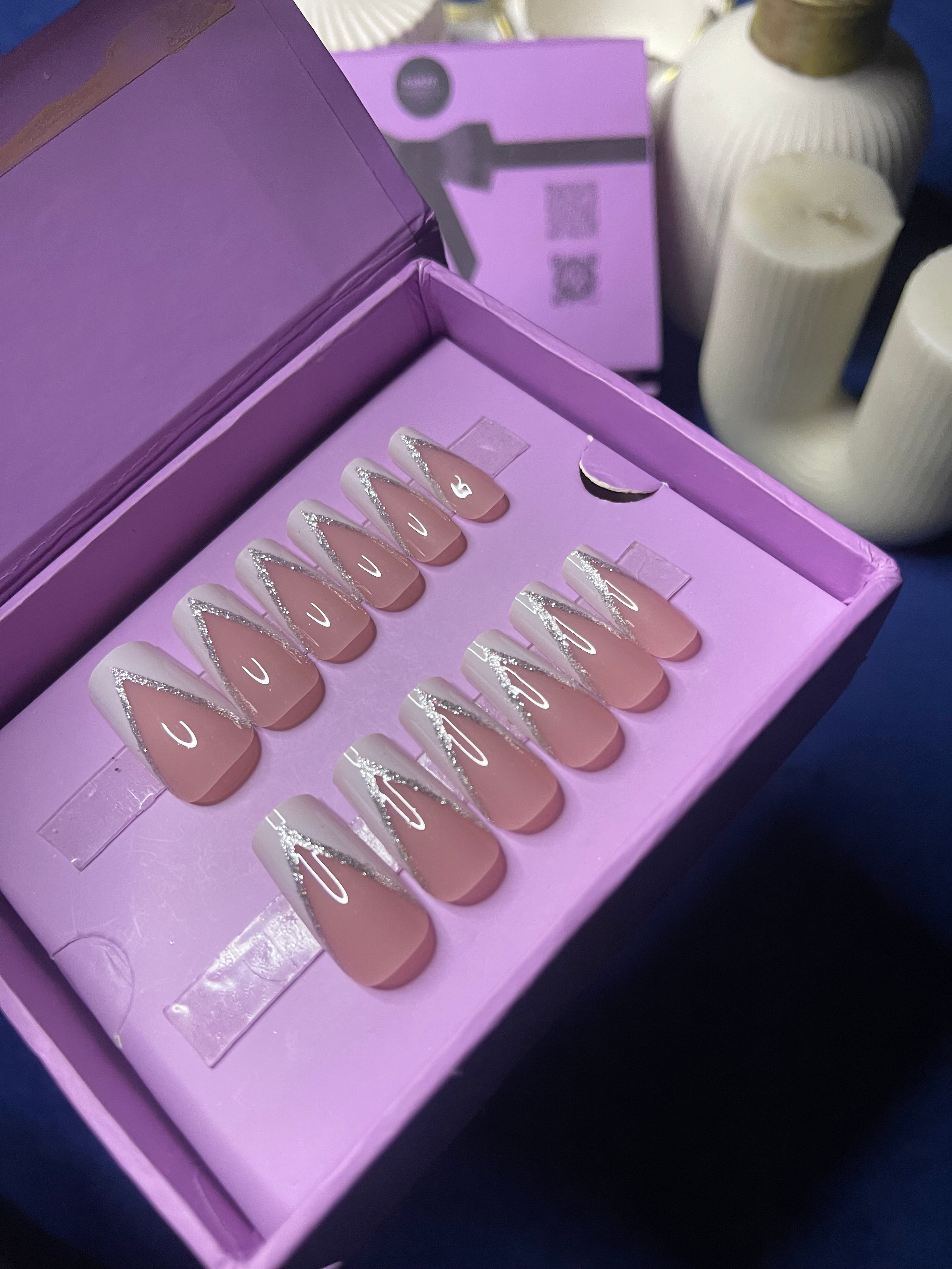 V Cut White Glittery French- Square Press On Nails