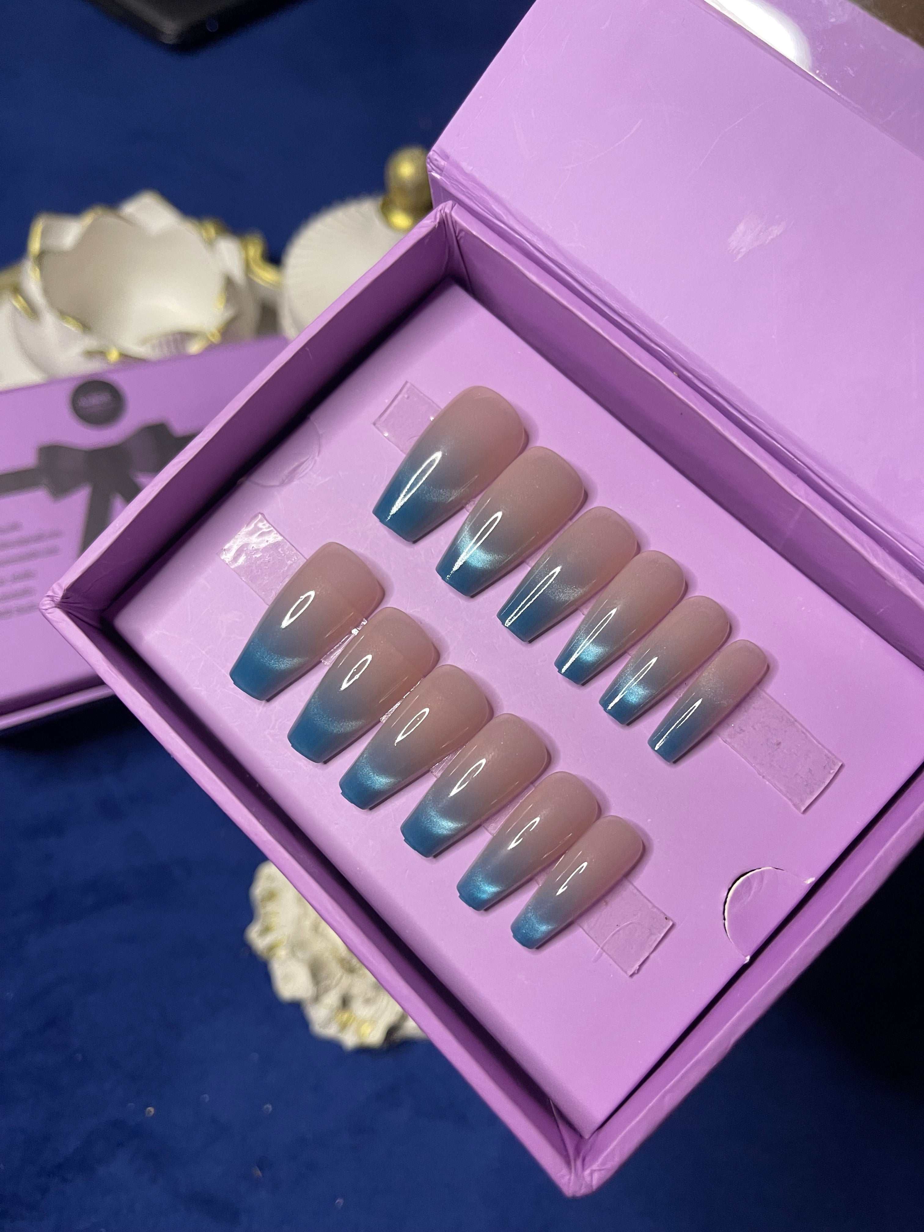 Blue French Cat Eye- Coffin Press Ons