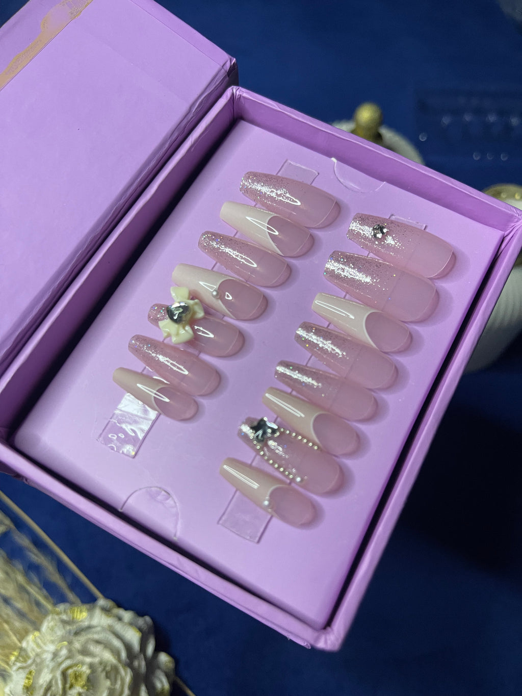 White U French Bow - Medium Coffin Press Ons