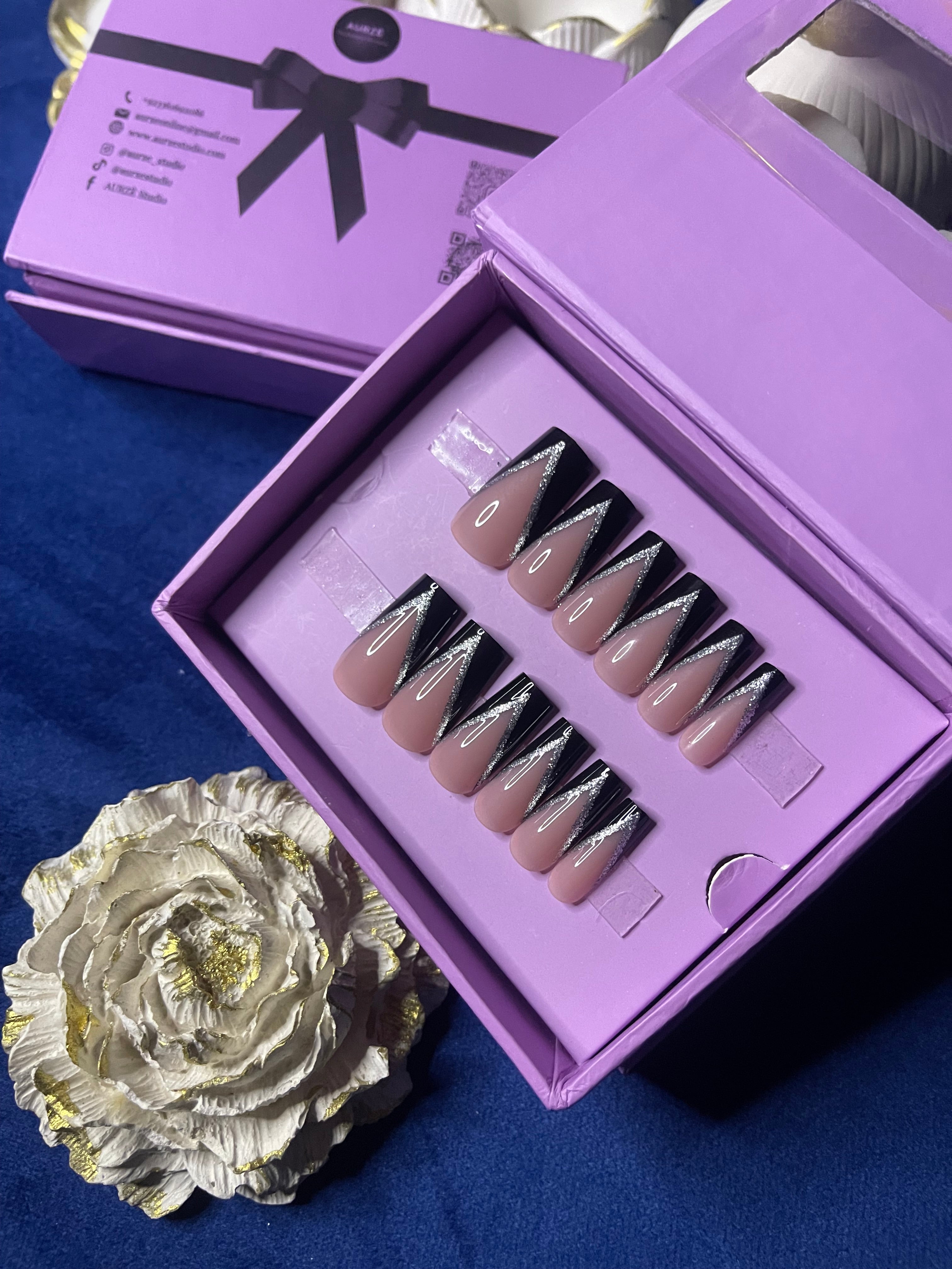 V Cut Glittery Black French- Square Press On Nails