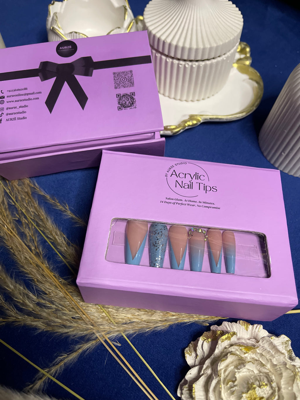 V Cut Blue French -Long Coffin Press Ons