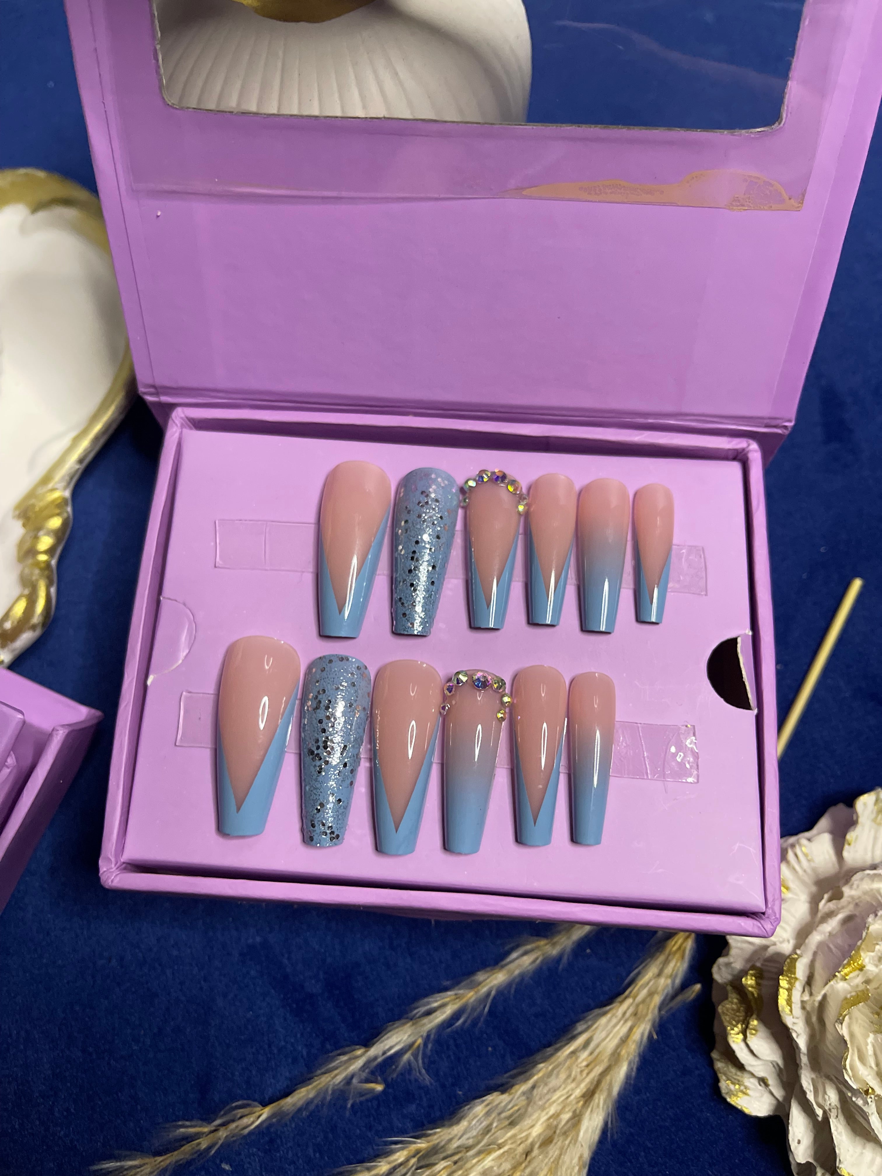 V Cut Blue French -Long Coffin Press Ons