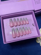 Baby pink glitter glam- Long Coffin Press On Nails