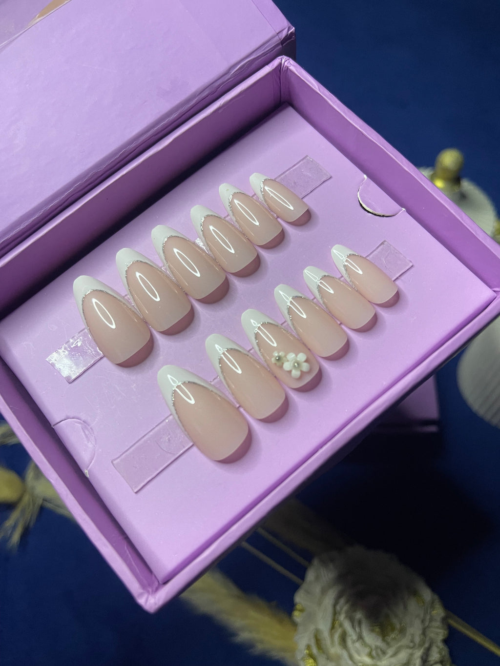 White Floral French - Almond Press Ons