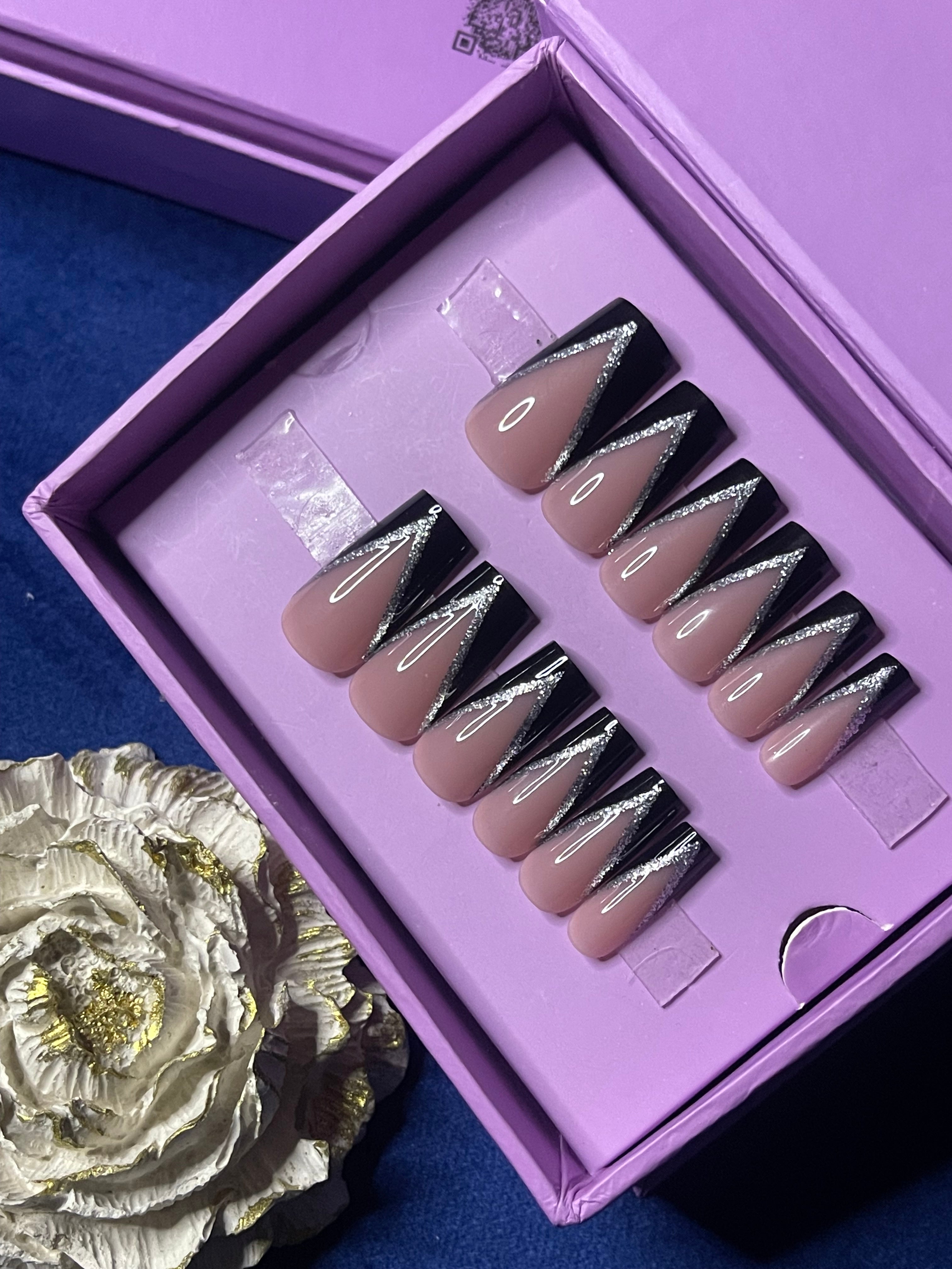 V Cut Glittery Black French- Square Press On Nails