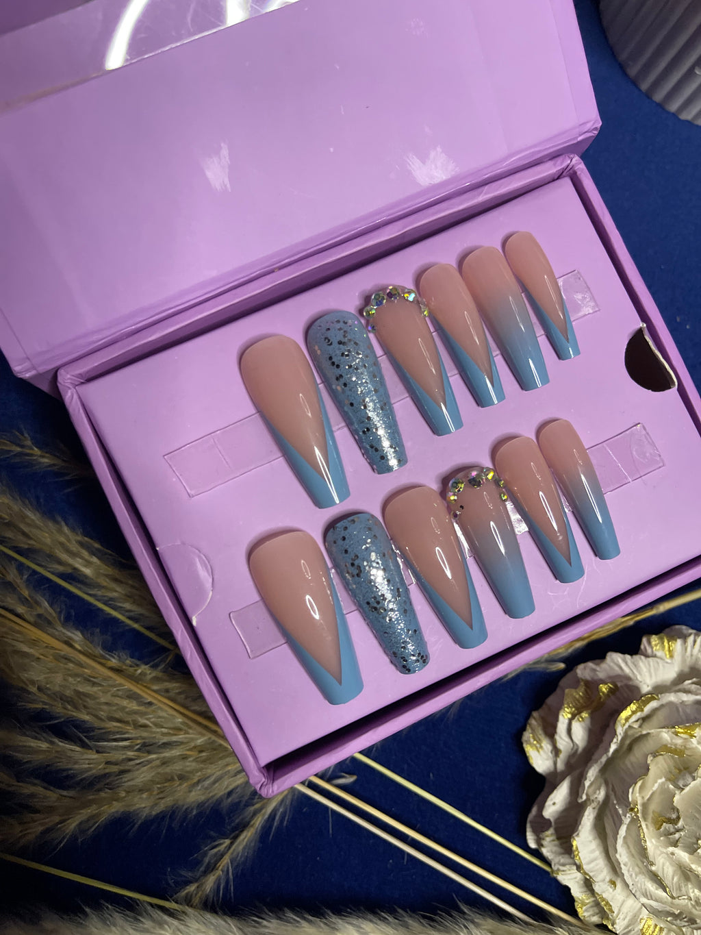 V Cut Blue French -Long Coffin Press Ons