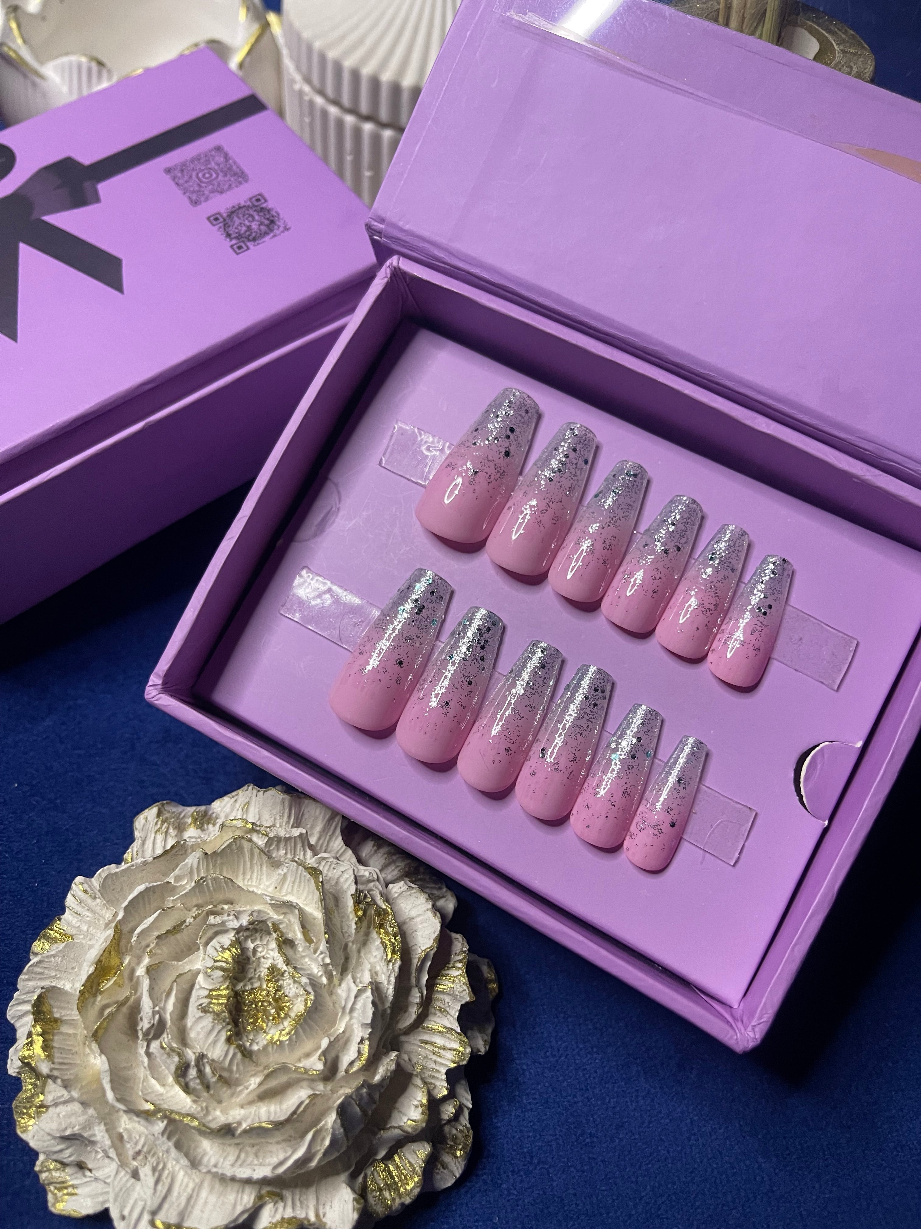 Baby pink glitter glam- Long Coffin Press On Nails