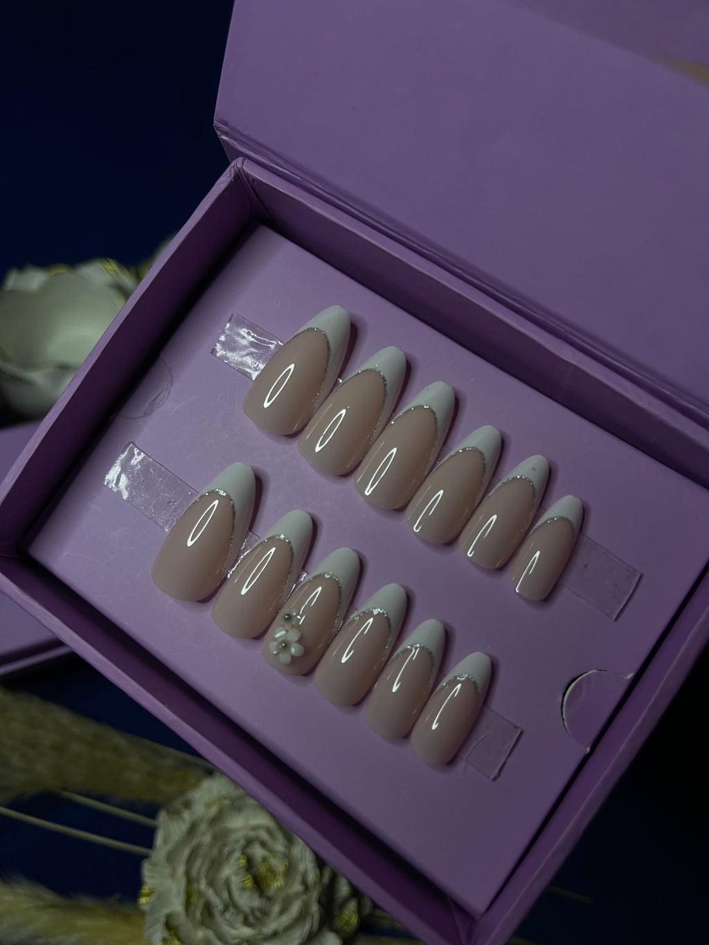 White Floral French - Almond Press Ons