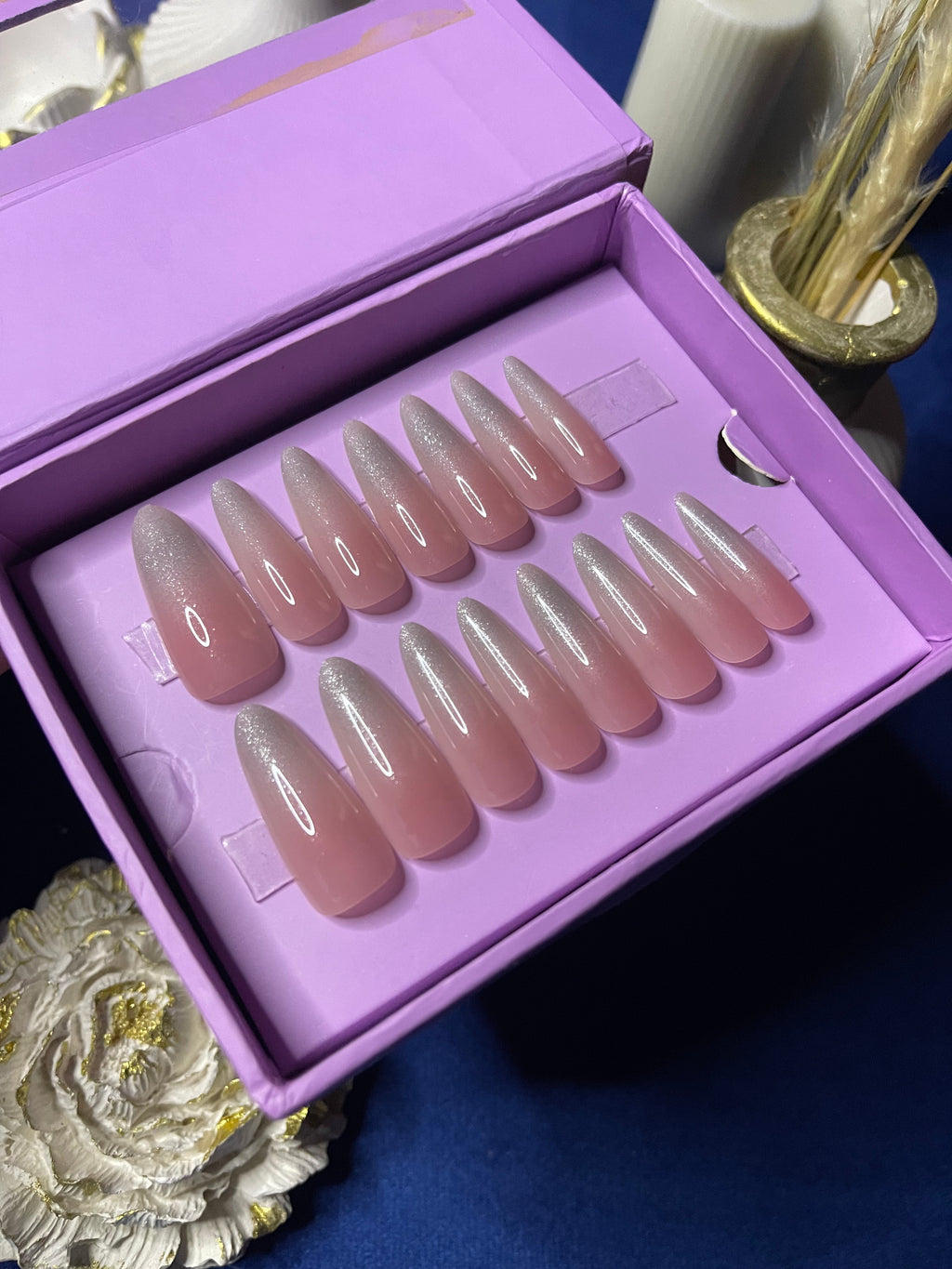 Shimmery White Ombre- Extra Long Almond Press Ons